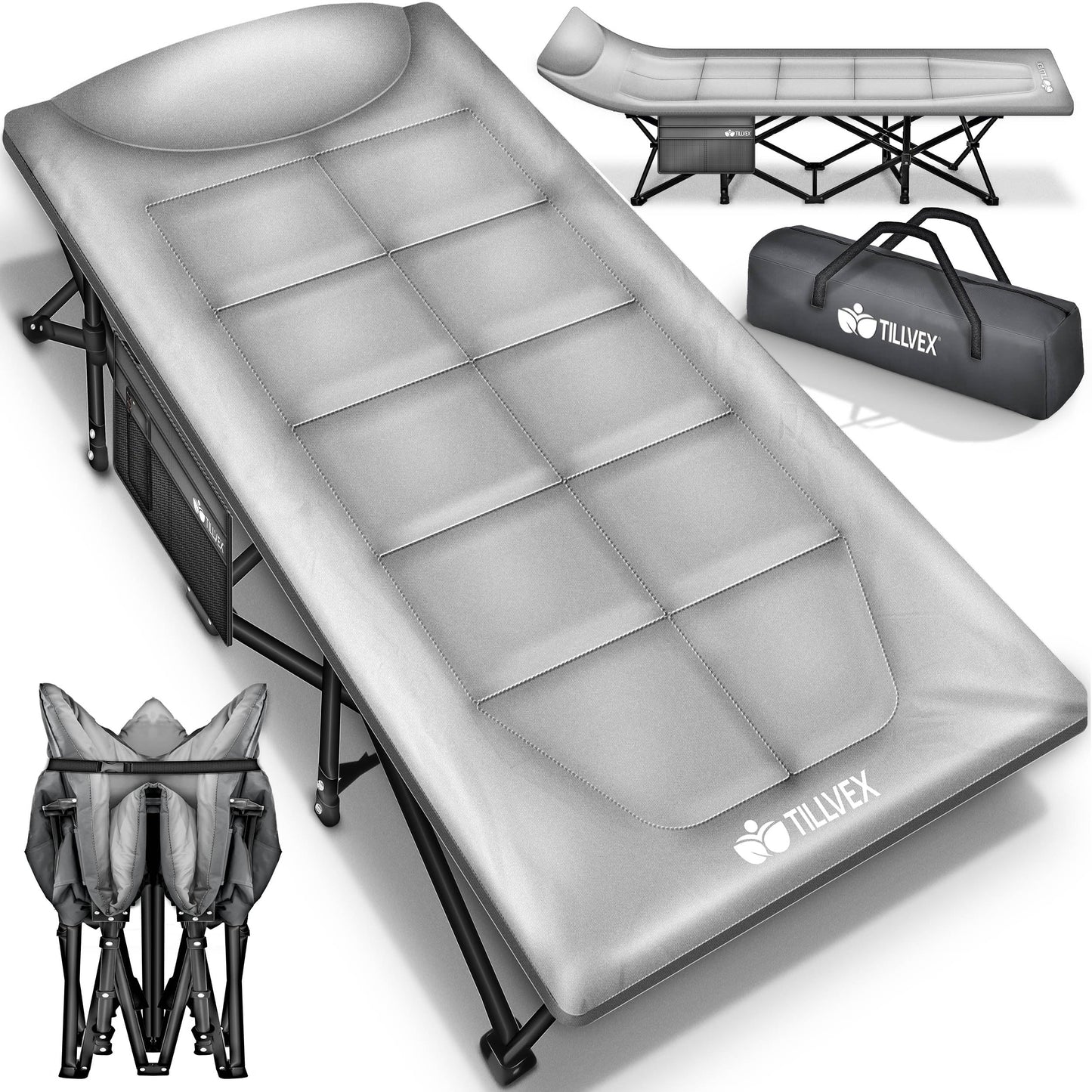 tillvex® Folding Camping Bed with Carry Bag, supports up to 200 kg. Extra wide sleeping cot for outdoor & indoor use. Perfect for camping, fishing, festivals, and travel. Foldable guest bed for the garden.