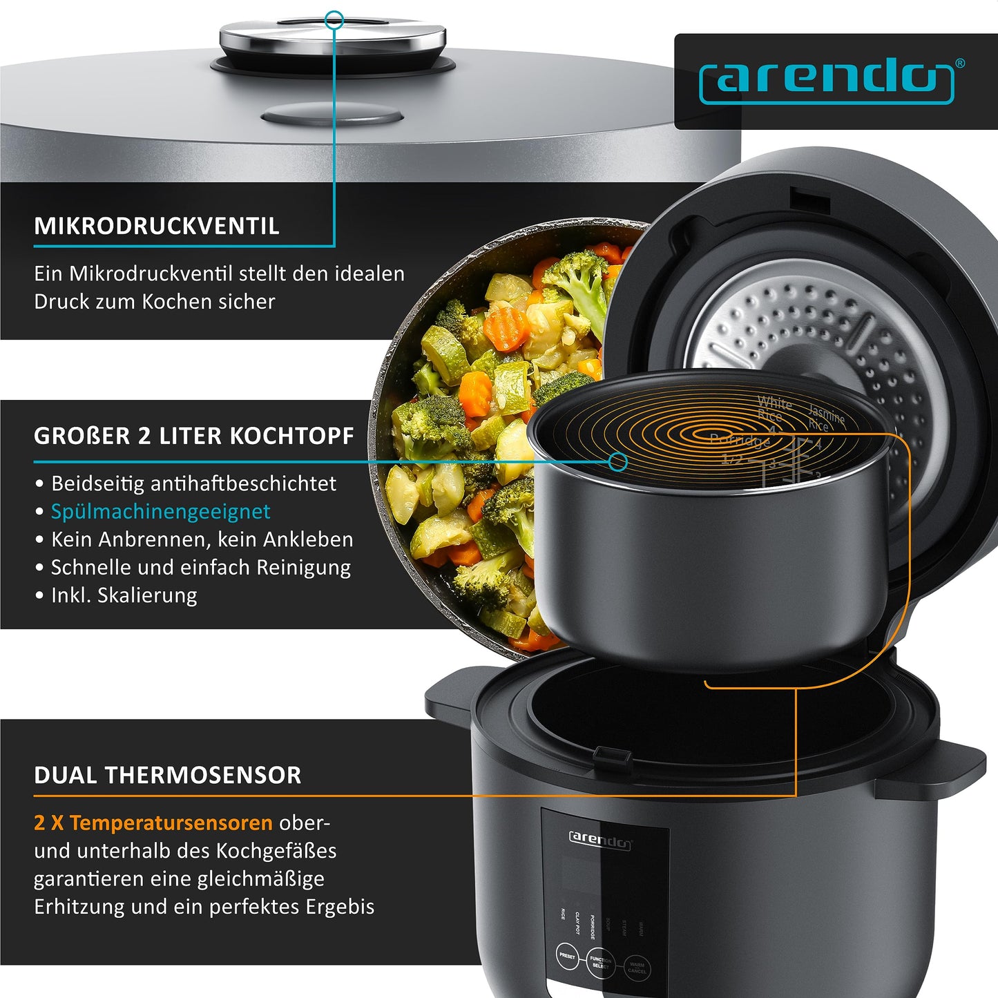 Arendo - Digital Multicooker 2 liters 350 watts Multicooker with steaming insert and measuring cup, rice cooker multicooker - 5 cooking programs - timer - non-stick coated - BPA-free