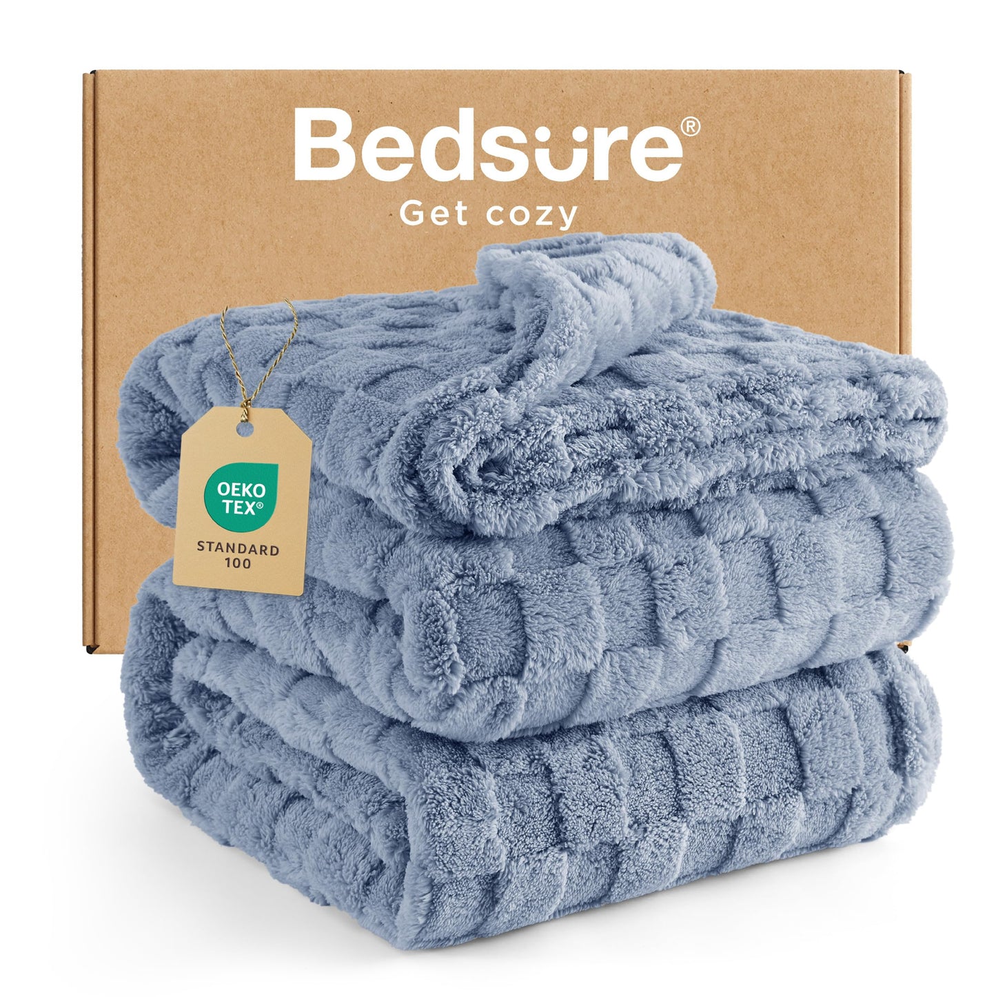 BEDSURE throw blanket 220x240 - Bedspread, Fleece blanket & Wool blanket, Sofa blanket, Checkered pattern blanket XXL, Soft Warm Plaid blankets for room decor, Living & Cozy blankets, Blue, 220x240 cm
