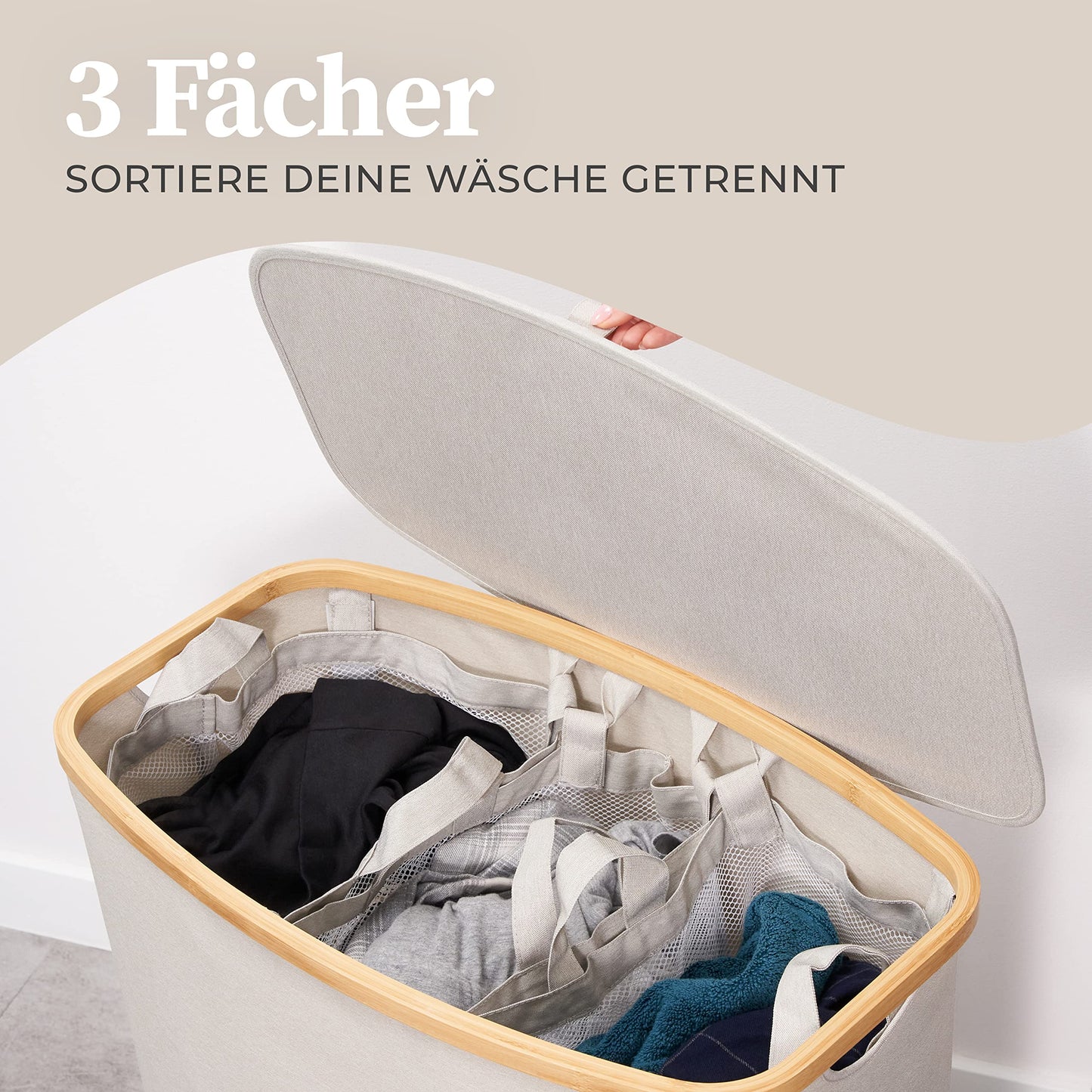 Henno's Laundry Box 150L - Laundry Basket 3 Compartments - Lid - Laundry Sorter with Laundry Bag - Laundry Baskets - Beige Bamboo - Laundry Bin - Laundry Sorting System - Laundry Collector