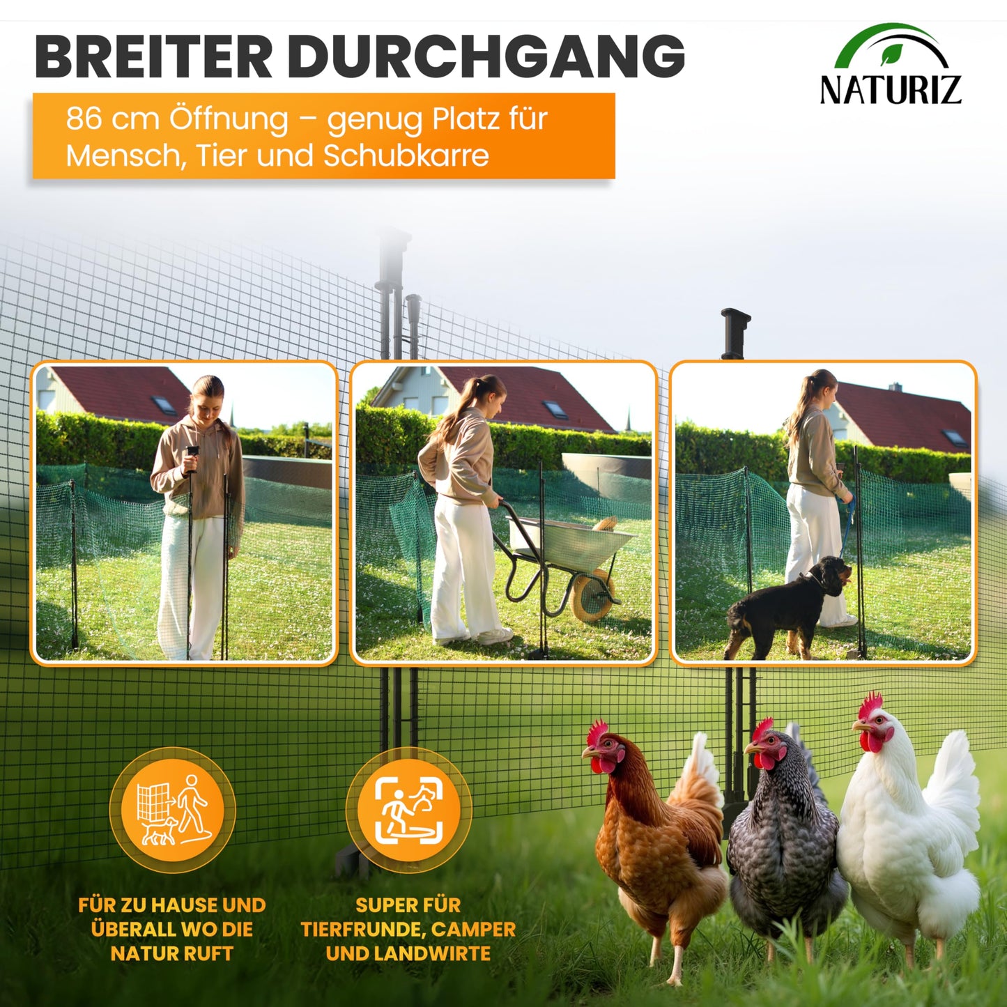 NATURIZ® Electric Fence Gate with One-Hand Opening - mobile gate for camping, garden & pasture - gate with quick set-up & take-down, no electricity.