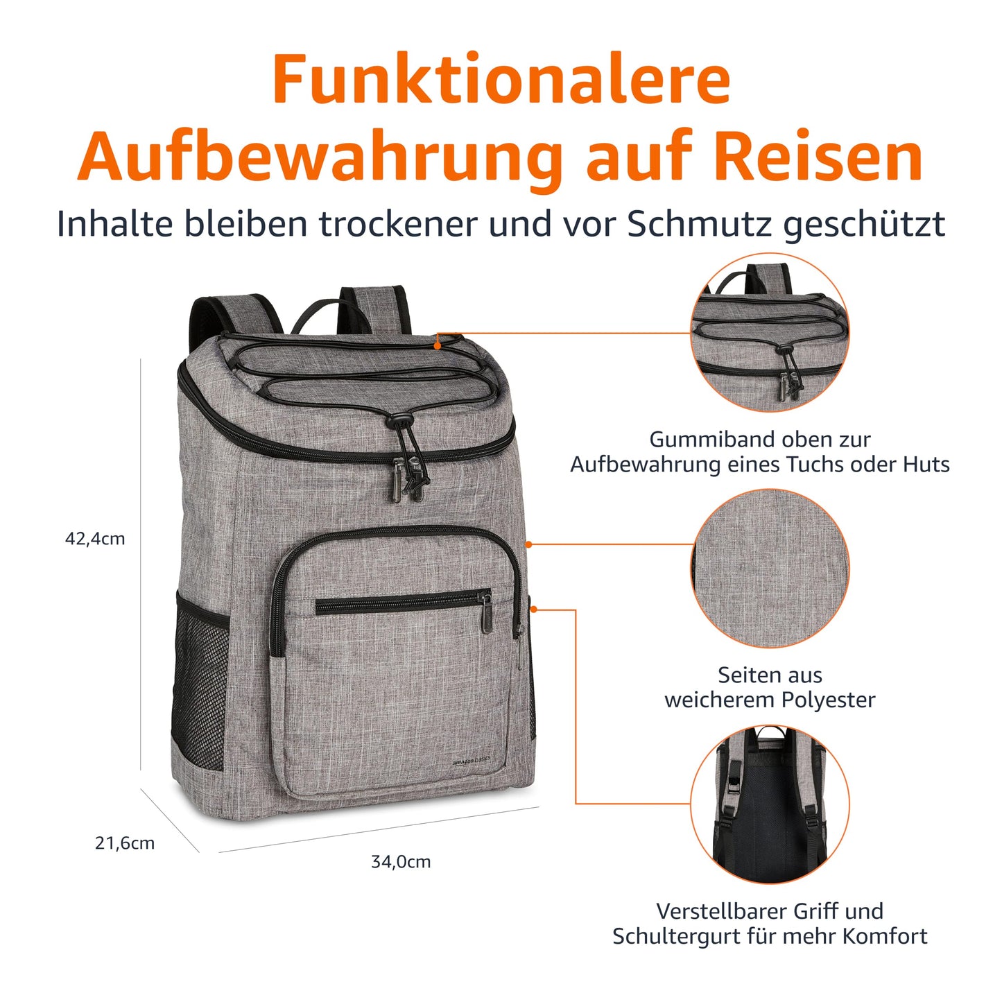 Amazon Basics backpack cooler, waterproof, lightweight, insulated, 20L capacity (30 cans), Gray