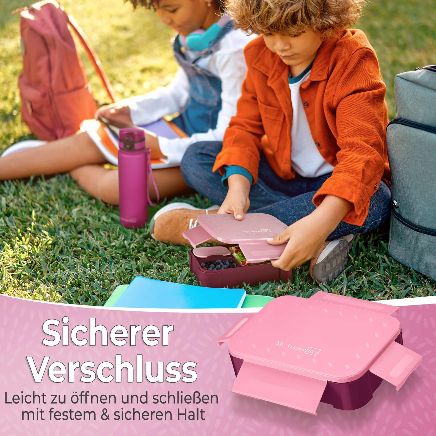 My Vesperbox - Mini Lite - Bento Box for Kids - Lunchbox - extremely durable - ideal for kindergarten and school (Pink-Purple)