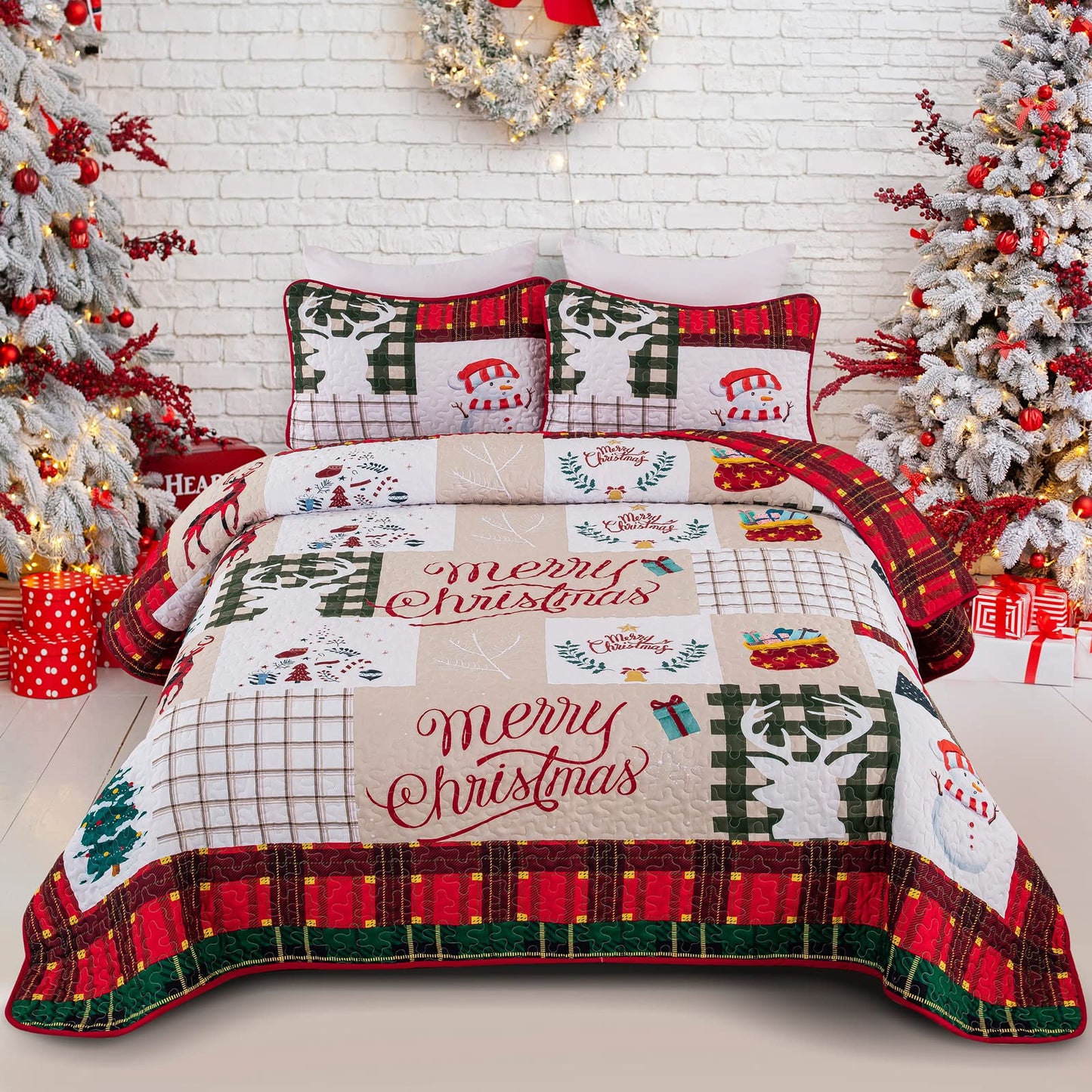 WONGS BEDDING Quilt 220x240 Bedspread Quilt Double Bed Quilted Microfiber 3 Pieces Christmas Quilt Bedspread Quilt with 2 Pillowcases 50x75, White & Red Checkered