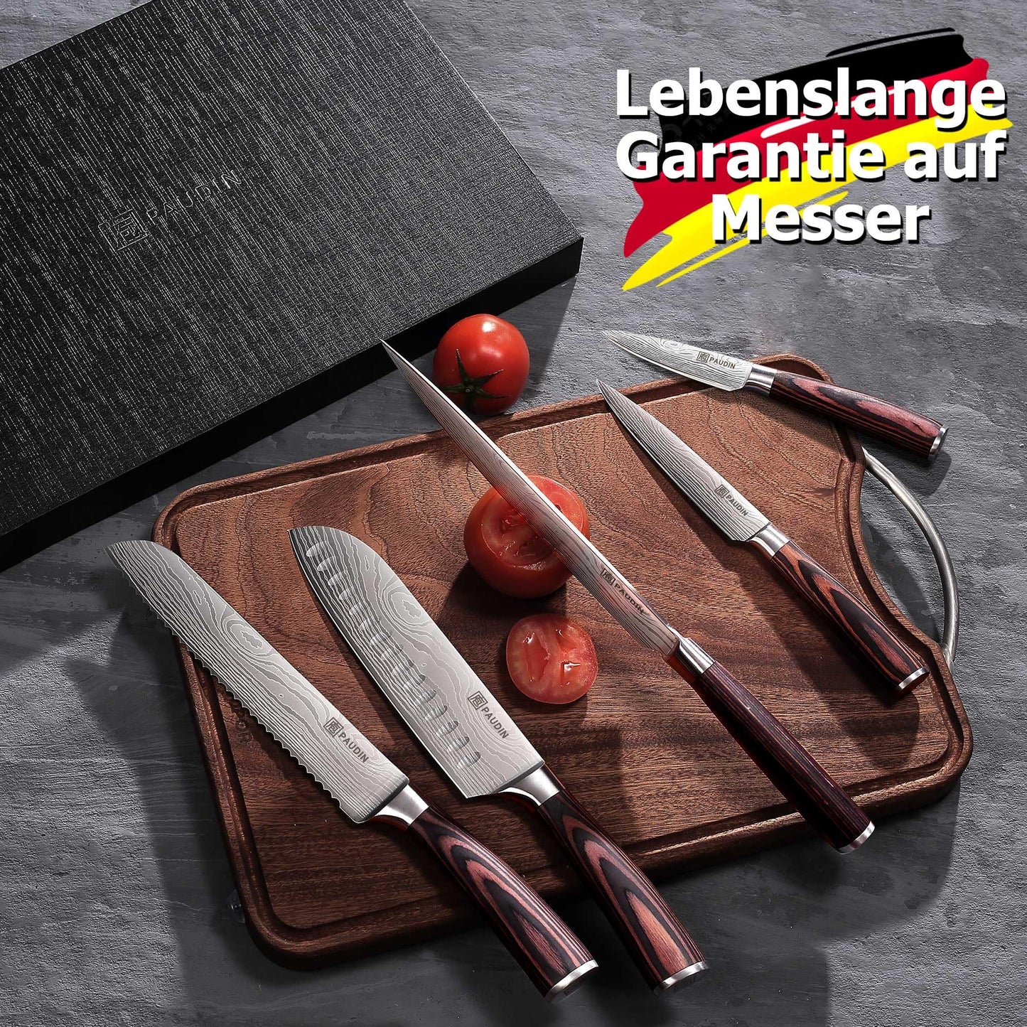 PAUDIN Kitchen Knife Set, 5-piece kitchen knife set made of high-quality carbon stainless steel, ultra-sharp knife set with chef's knife, cleaver, and utility knife.