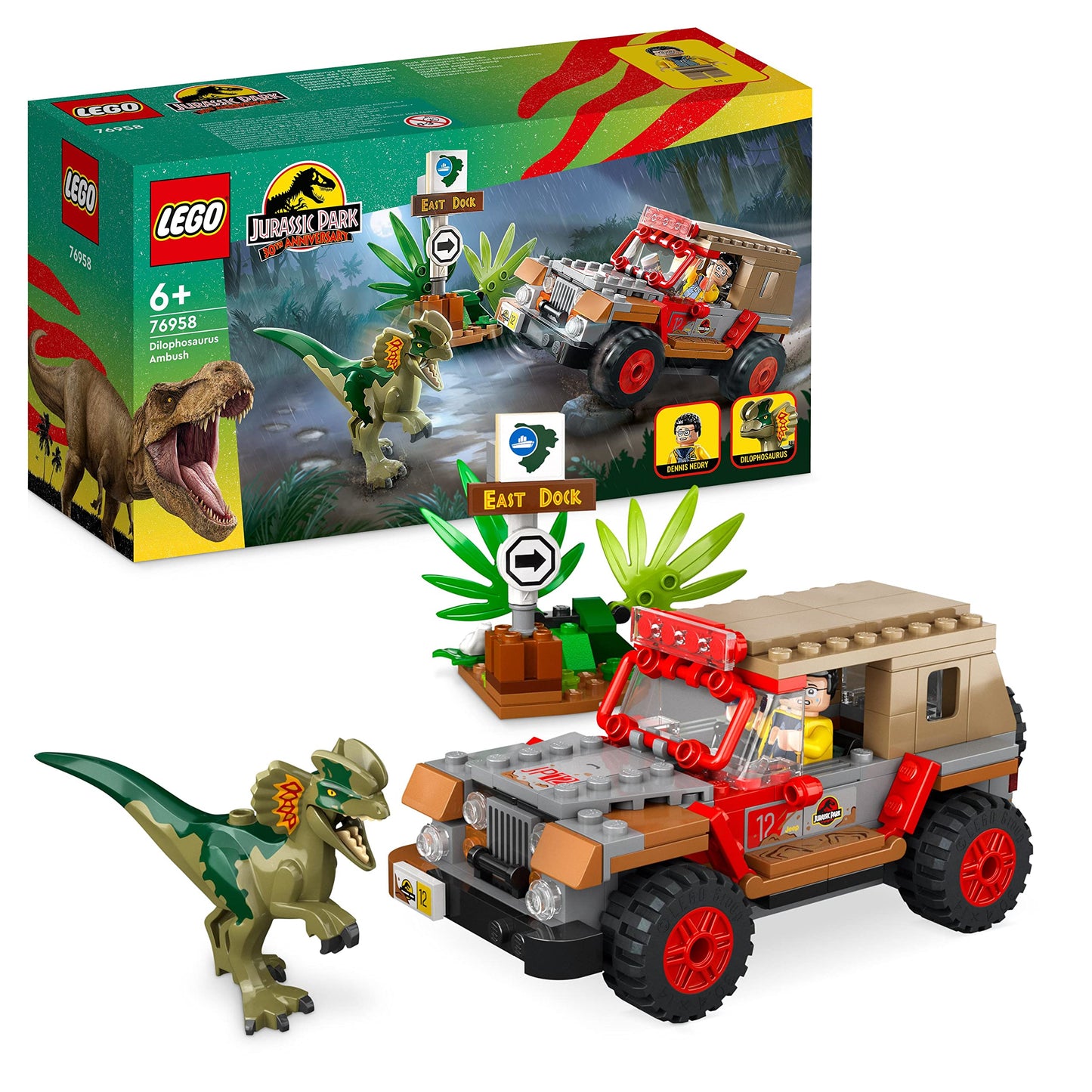 LEGO Jurassic World Baby Dino Rescue Center & Dilophosaurus Ambush from Jurassic Park, Dinosaur Toy Set with Figure and Jeep for Kids ages 6+ 76958