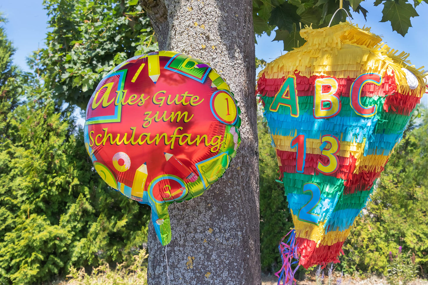 Idena 90125 - 1 Pinata school cone, 1 garland, 1 foil balloon school start, enrollment, school start, decoration, gift