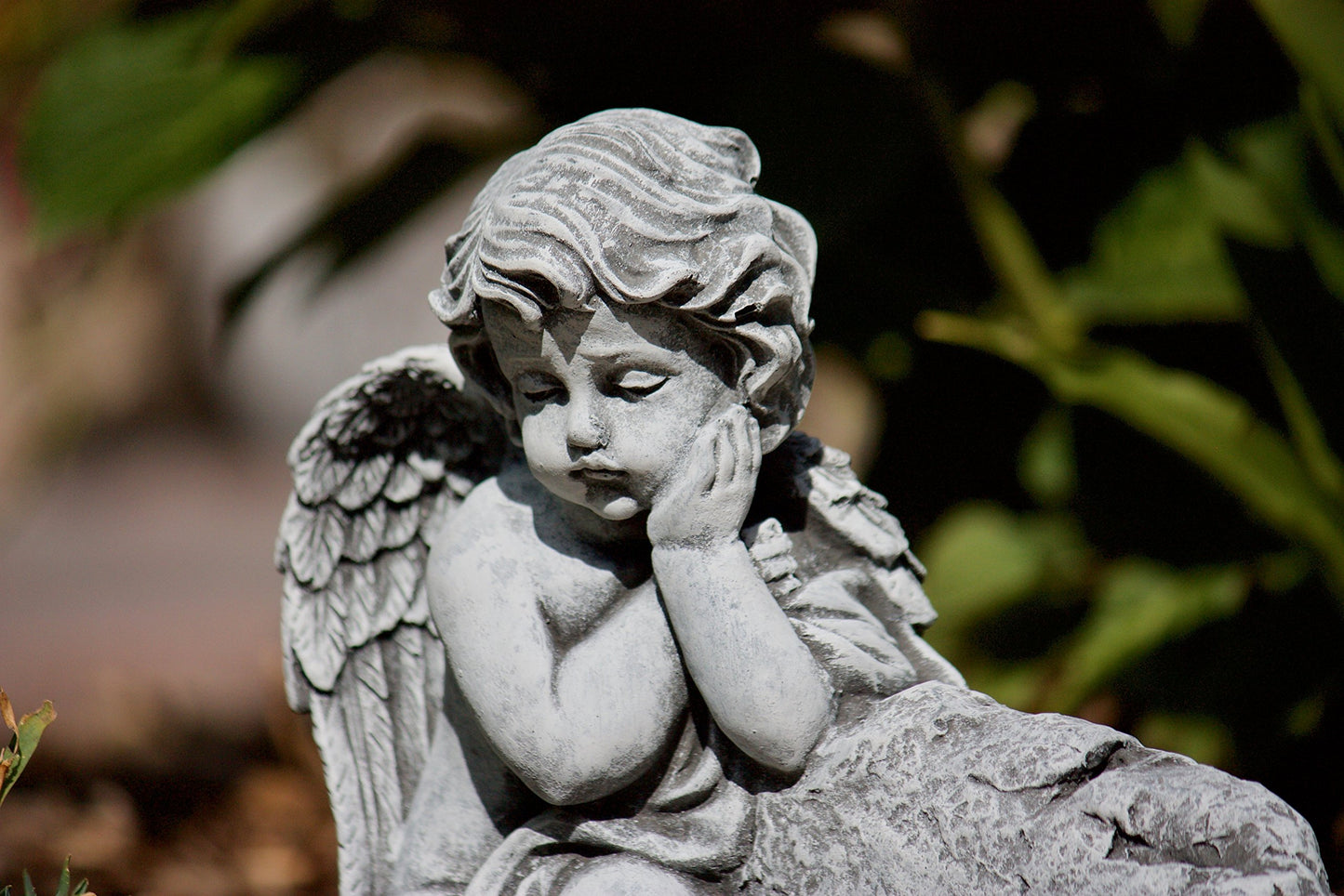 stoneandstyle grave decoration stone figure angel on rock with mourning saying, solid stone casting, frost and weather resistant