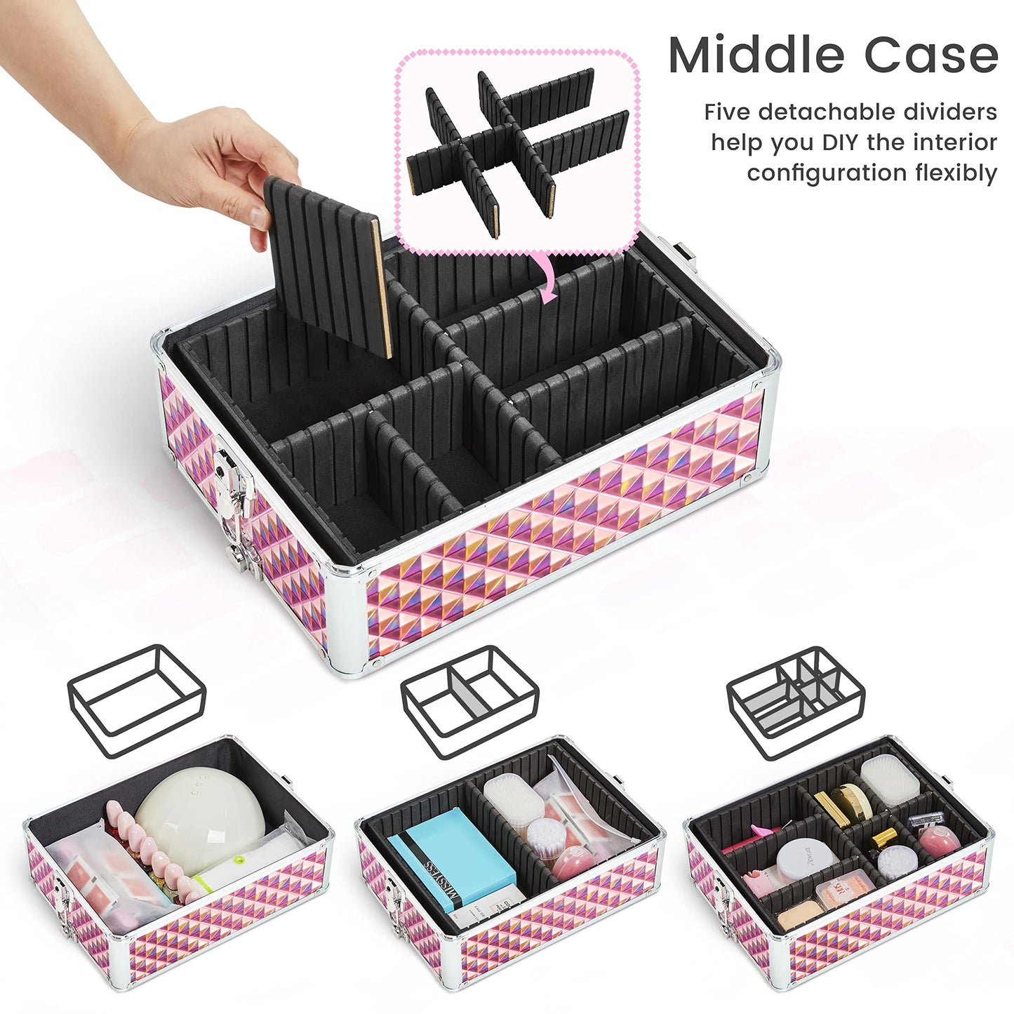 Yaheetech 4-in-1 Cosmetic Case, Trolley Makeup Case, Large Beauty Case, Lockable Multifunctional Hairdressing Case with Wheels and Drawer, Glittery Pink