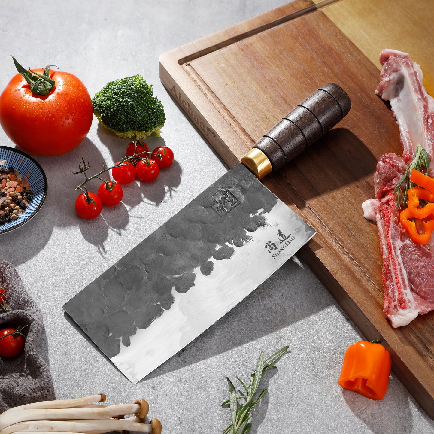 SHANGDAO cleaver, 19 cm high-performance razor-sharp butcher cleaver kitchen knife, cleaver made of carbon steel, forged blade and wooden handle