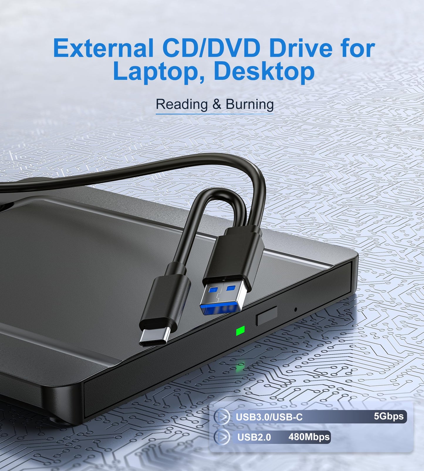 External CD DVD Drive, Ultra slim USB 3.0 & USB-C CD/DVD Drive, CD DVD +/-RW ROM Burner Optical External DVD Drive for Laptop, PC, Desktop, MacBook, Windows 11/10/8/7/XP/Linux/MacOS