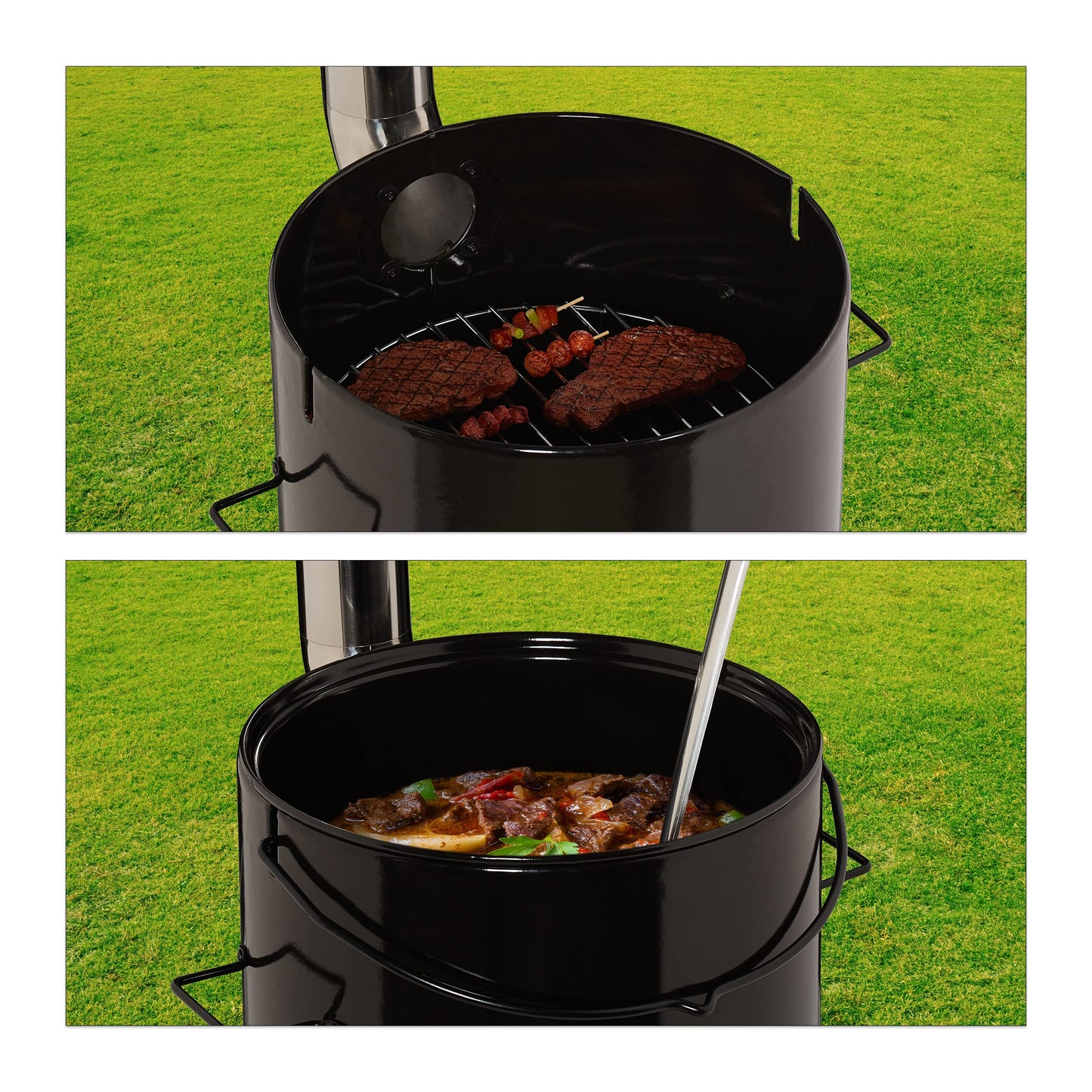 Relaxdays Goulash Cannon, enameled, goulash cauldron with lid, 14 liters, with grill grate, outdoor field kitchen, black/blue.