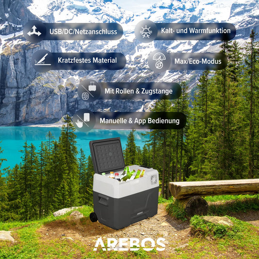 Arebos compressor cooler box with wheels 39 liters | Electric freezer box with APP & smart control | Mobile cool box with USB port | up to -20 °C | 12/24 V 230V | for car, truck, camping, boat, RV