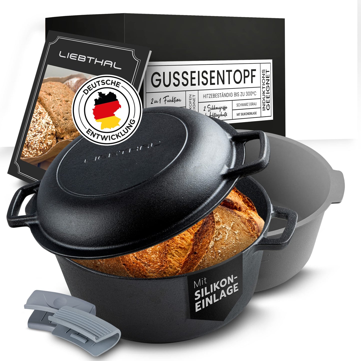 LIEBTHAL Cast Iron Pot Bread Baking - Durable bread pot with precise non-stick silicone insert - Pre-seasoned bread loaf pan with lid 4.6 L - Bread baking pot, roasting & stewing.