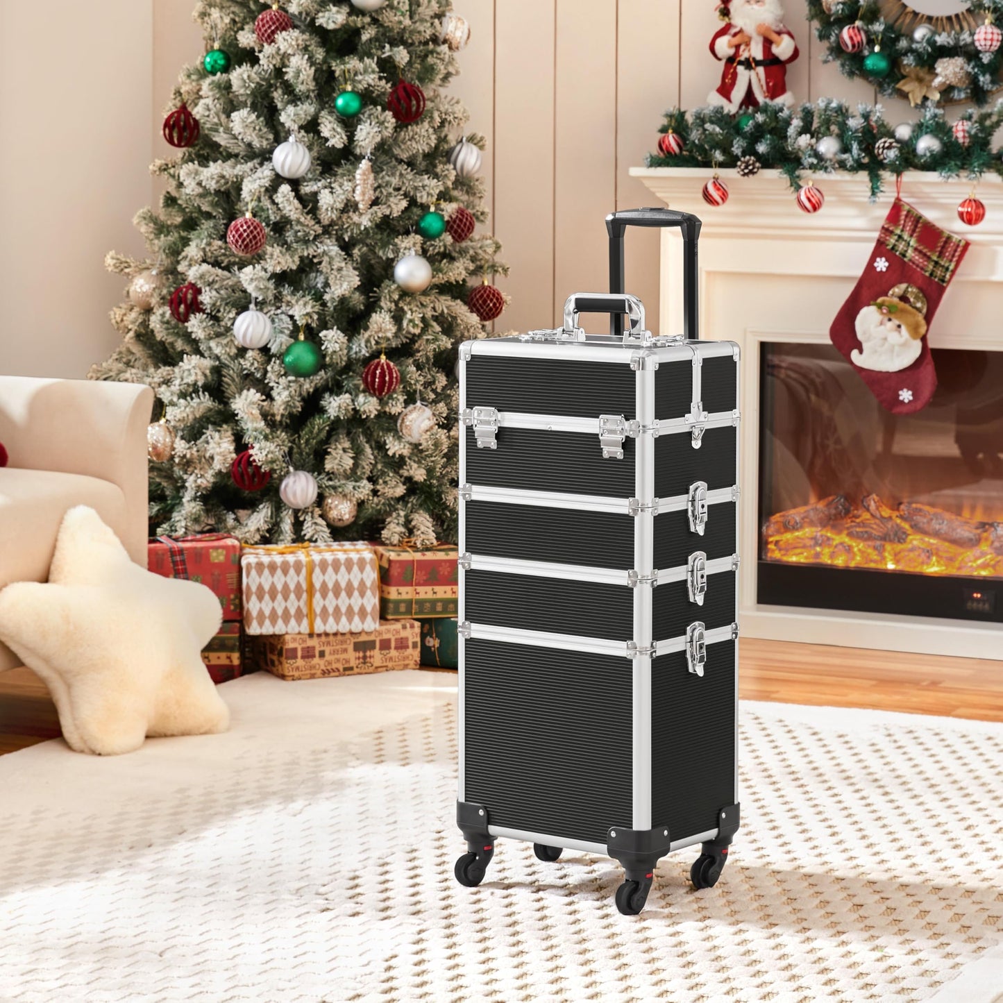 Yaheetech 5-in-1 hard shell cosmetic case, lockable makeup case, large hairdresser case with 360° rotating wheels, ample storage
