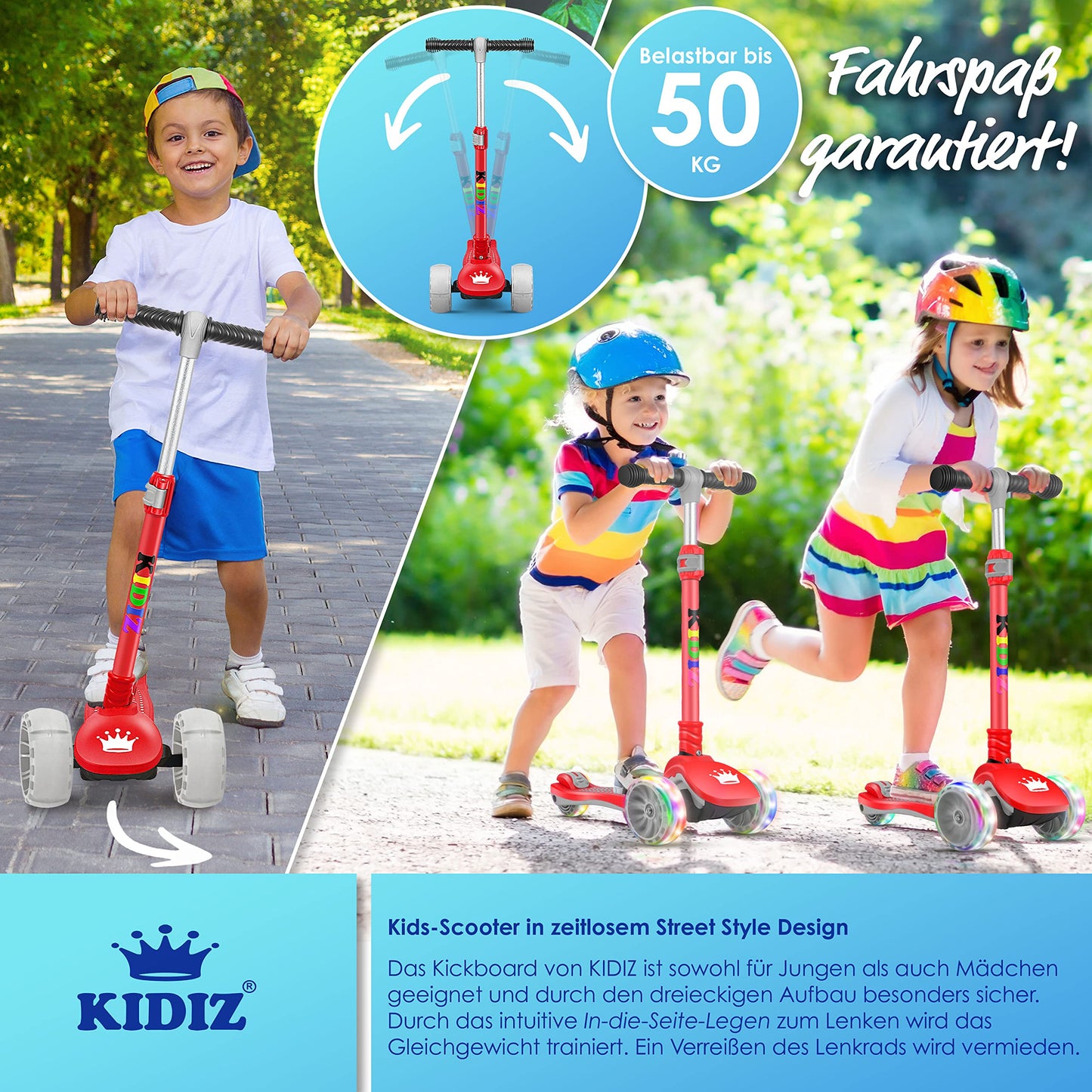 KIDIZ® Roller Children Scooter X-Pro2 Trike Scooter with PU LED Light-Up Wheels Kids Scooter foldable Kick Scooter adjustable City Scooter Children's Scooter for Boys Girls 3-12 Years, Red