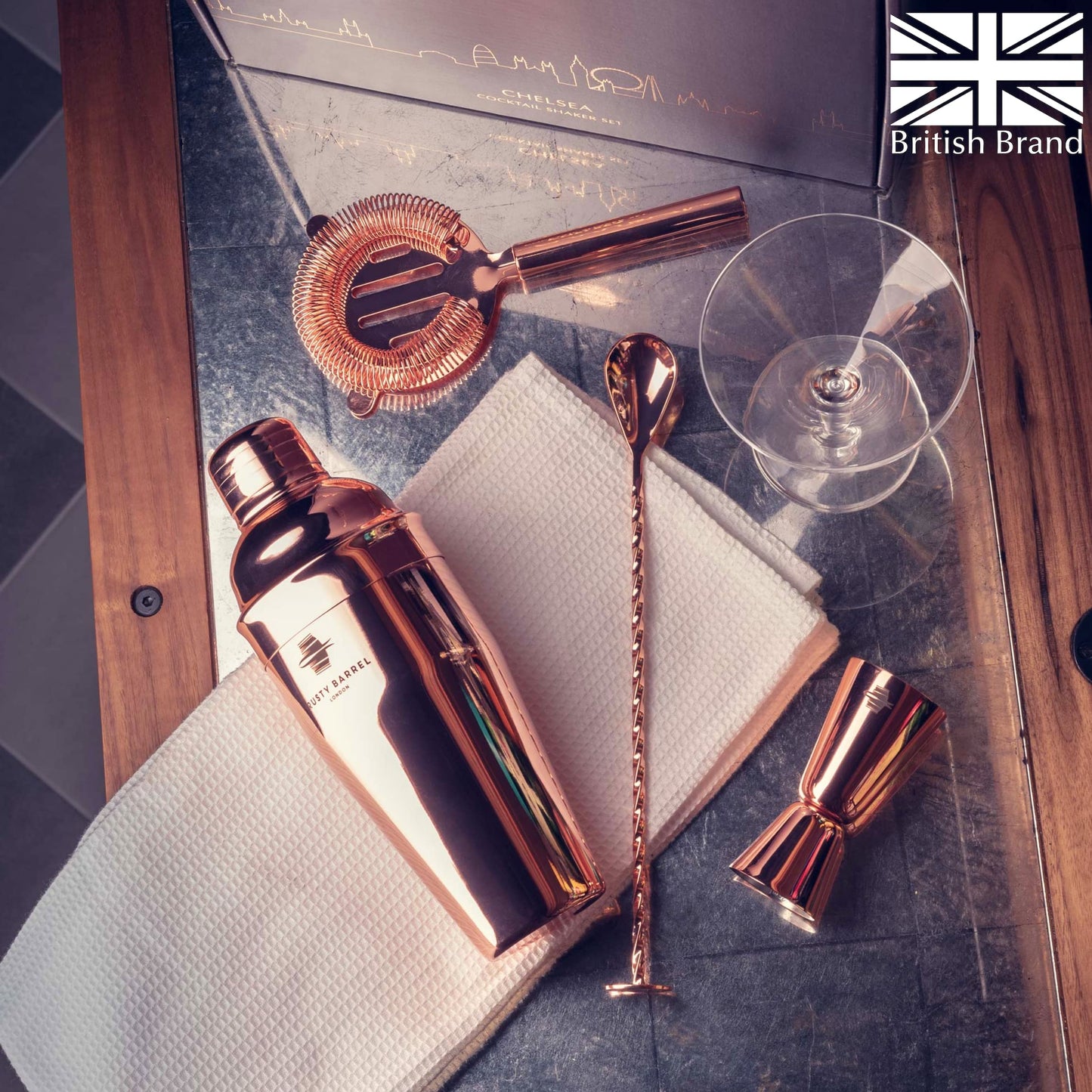 Rusty Barrel Chelsea Cocktail Set for Mixing - Rose Gold Gift Set Manhattan Stainless Steel Cocktail Shaker, Muddler, Strainer, Jigger, Pourer, Spoon, Bag, and Recipe Book - with Gift Box