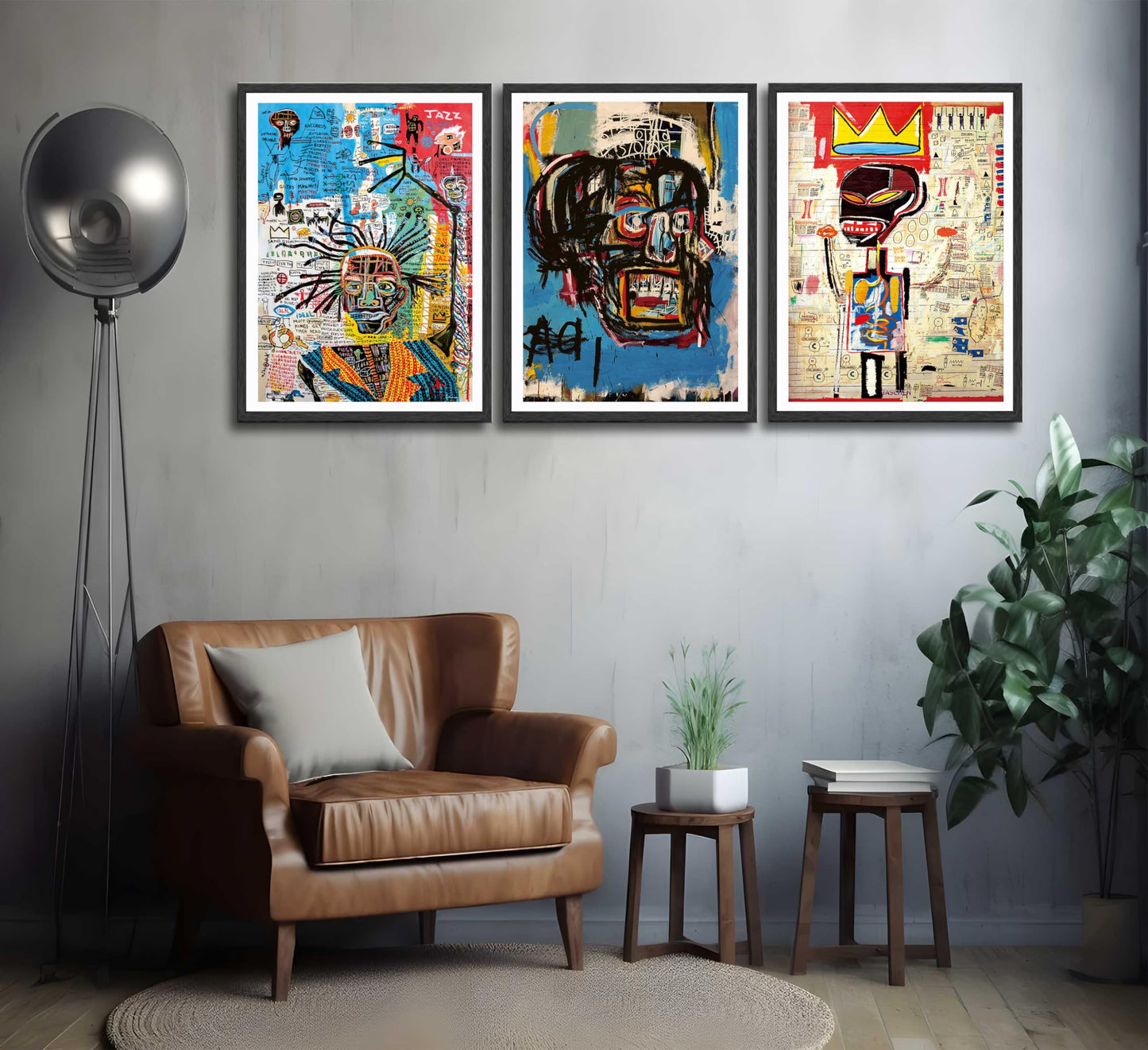 3 pieces Jean-Michel Basquiat modern street graffiti wall art abstract poster print wall decoration artist blue print canvas painting for living room bedroom bathroom office home decorations