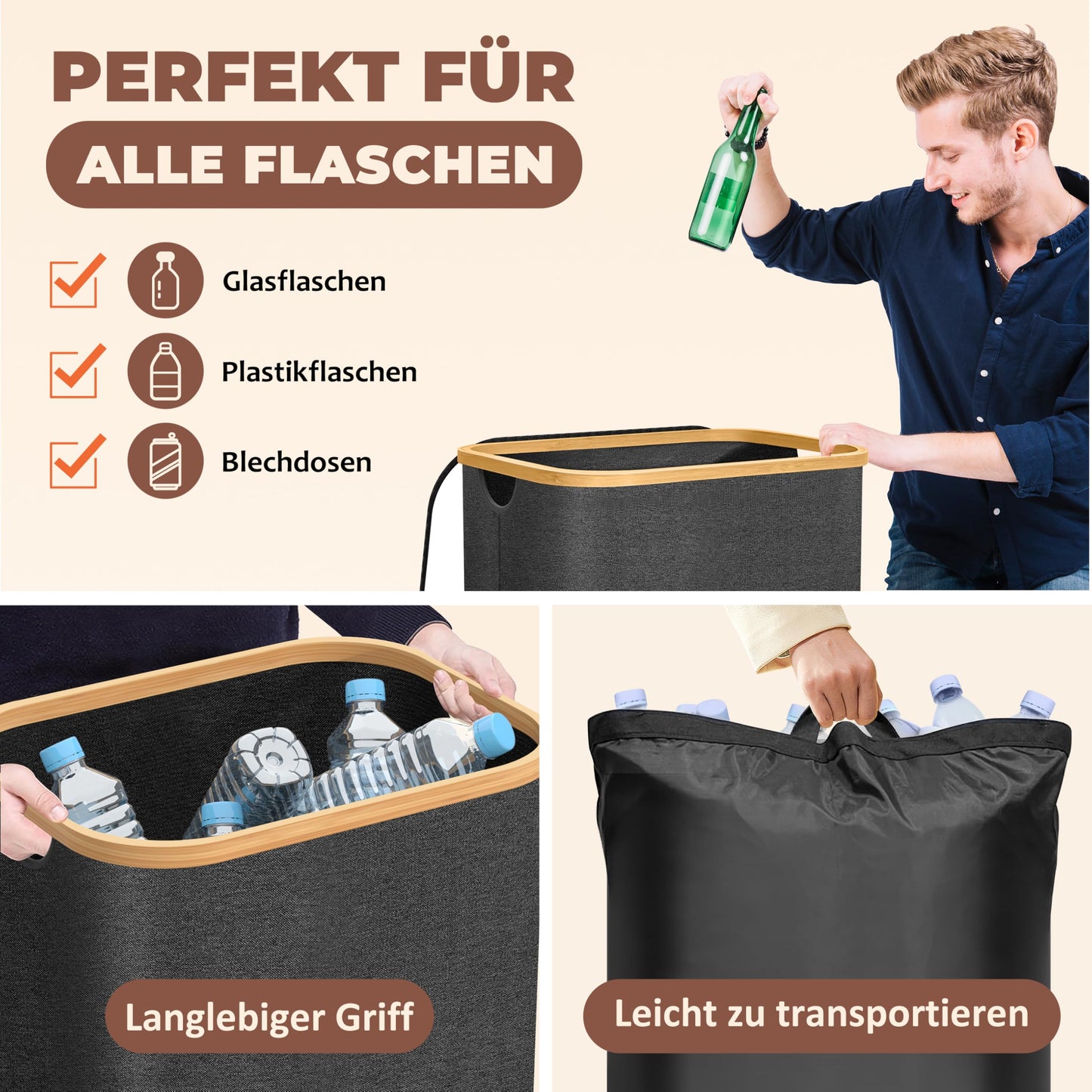 Deposit bottle collection container with 2 carrying bags, 100L bottle deposit container, bottle collector empty containers, empty container collection container, storage box, kitchen storage and organization (black)