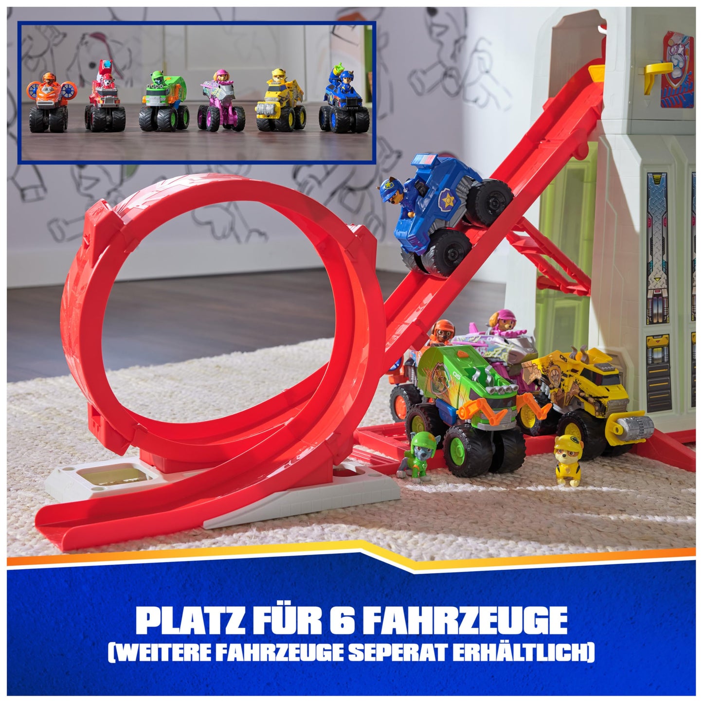 PAW Patrol Rescue Wheels - Superloop Tower, extra large tower with launch ramp and loop, light & sound effects, includes Chase monster truck and figure, toy for kids ages 3+