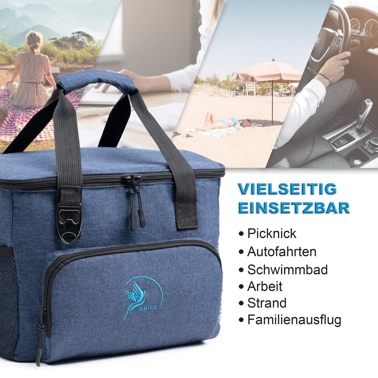 Obic's small 20l cooler bag with cool pack, foldable lunch box - thermal insulated picnic bag in blue for beach, work, car & lunch - insulated food bag for on the go.