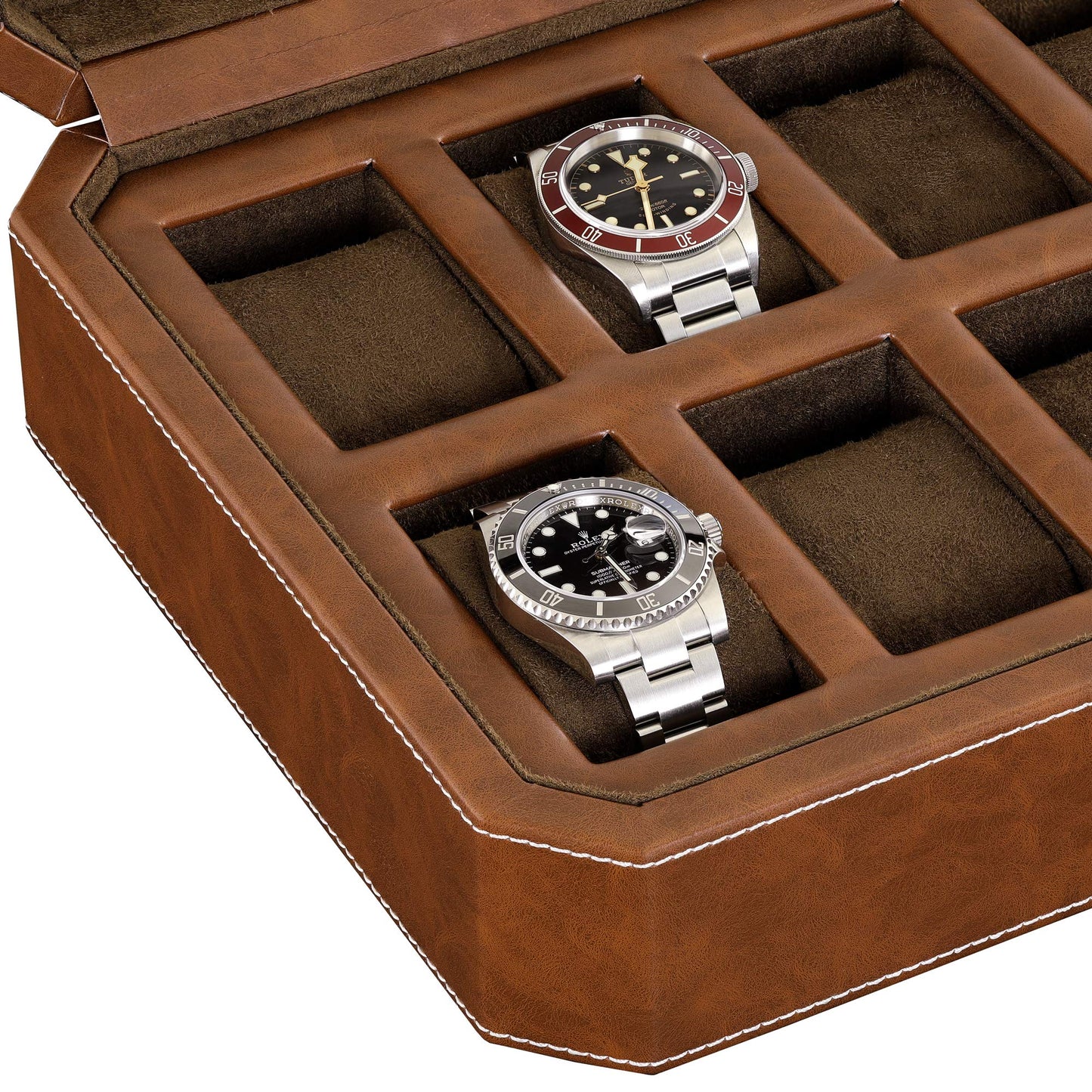 ROTHWELL 12 Slot Leather Watch Box for Men - Luxury Watch Case Display Organizer, Men's Storage Boxes Holder with Large Glass Lid (Black/Gray)