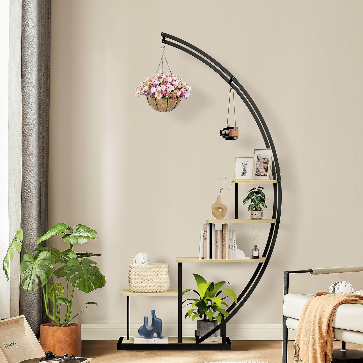 Ribelli 5-tier metal plant stand in half-moon shape 172cm, plant shelf with 5 shelves & hooks, tall flower stand plant ladder with tip-over protection for balcony living room terrace (1 piece, brown)
