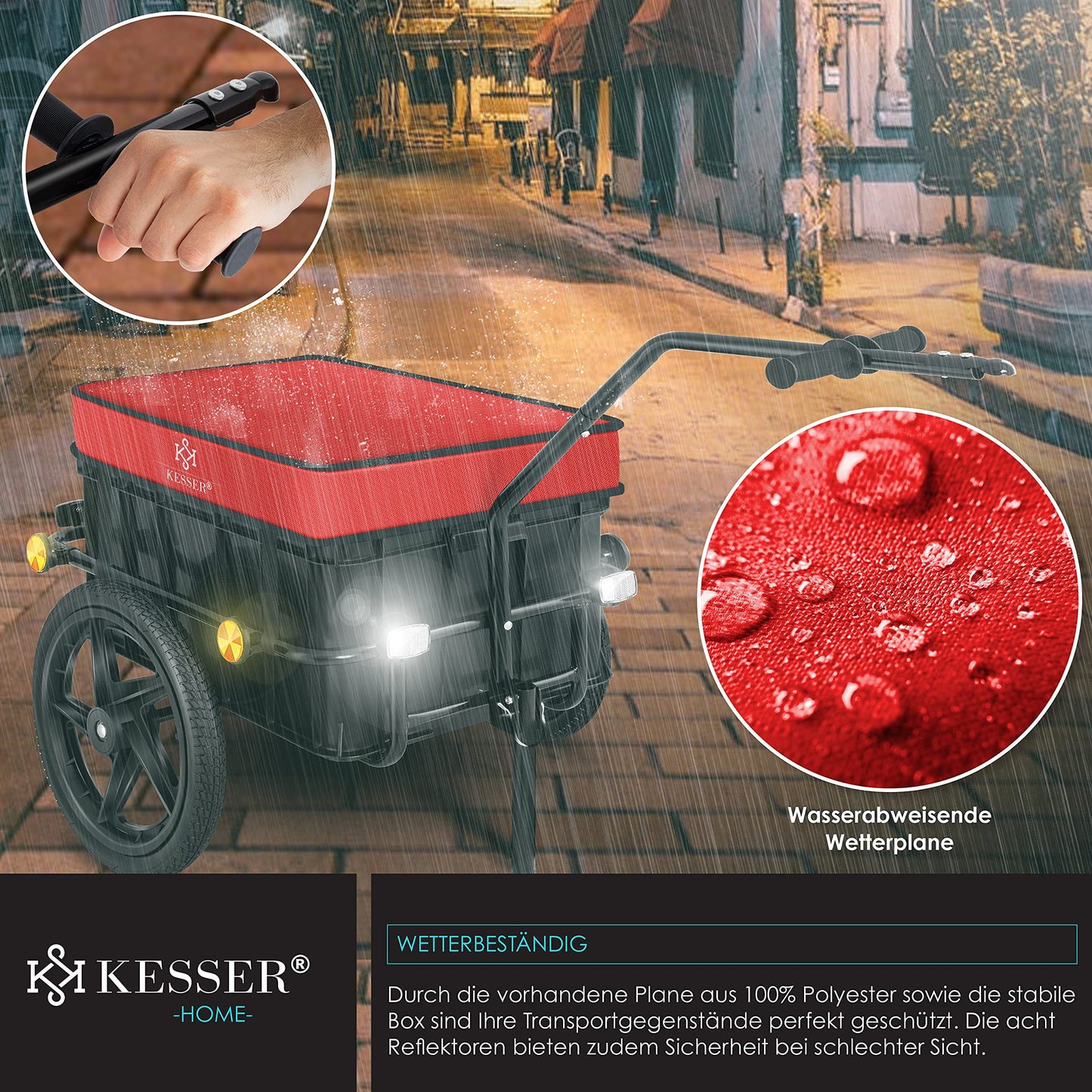 KESSER® Bike trailer, cargo trailer, hand cart with coupling, high drawbar, for transporting bikes. Transport box with 70 liters volume, max. 60kg, + accessories for bikes with 26-28 inches, red.