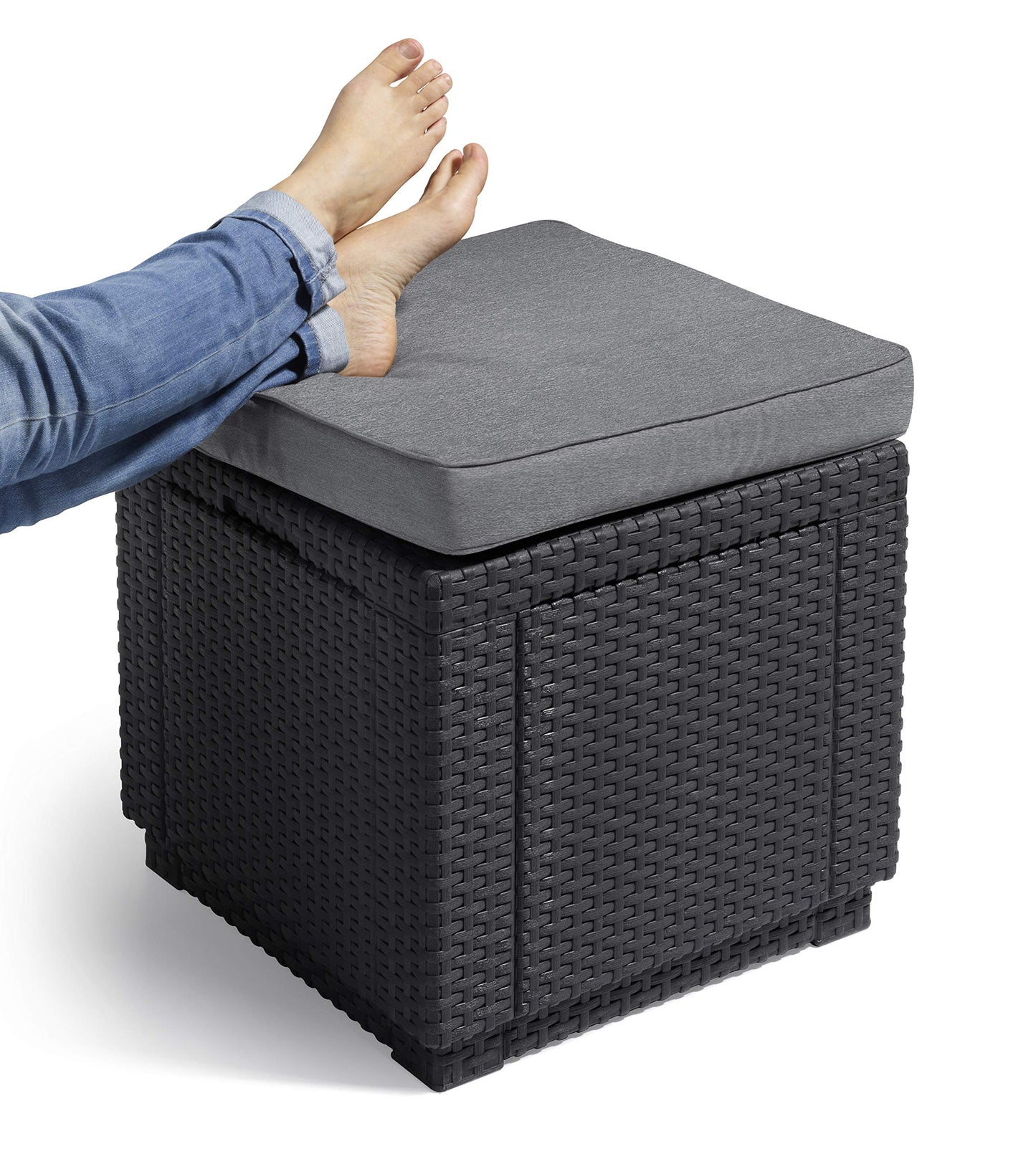 Allibert by Keter Cube Ottoman with Storage, grey, includes cushion, removable lid, flat rattan look, weatherproof, 42x42x39cm