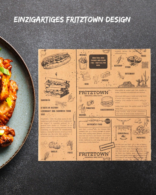 FRITZTOWN Deli Paper | Uncoated wrapping paper for burgers, sandwiches & BBQ | Grease-resistant food paper | Perfect for street food & delicacies (25x25 cm, 1000 sheets)
