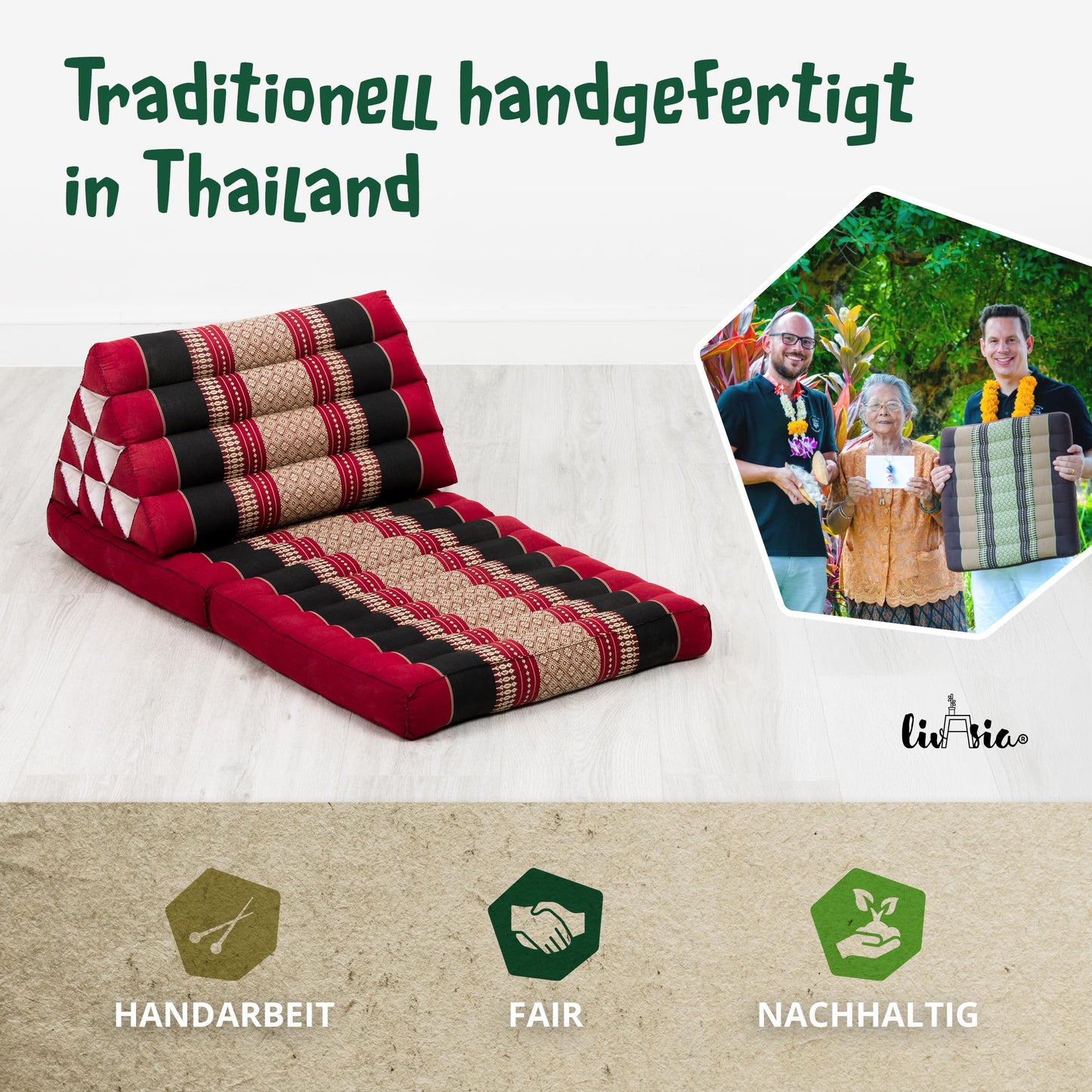 livasia Thai cushion with 2 pillows - 120x50x8 cm - triangle cushion with seat cushion, wedge cushion with kapok, foldable back cushion, Thai mat for folding, handmade, meditation cushion (red/black)