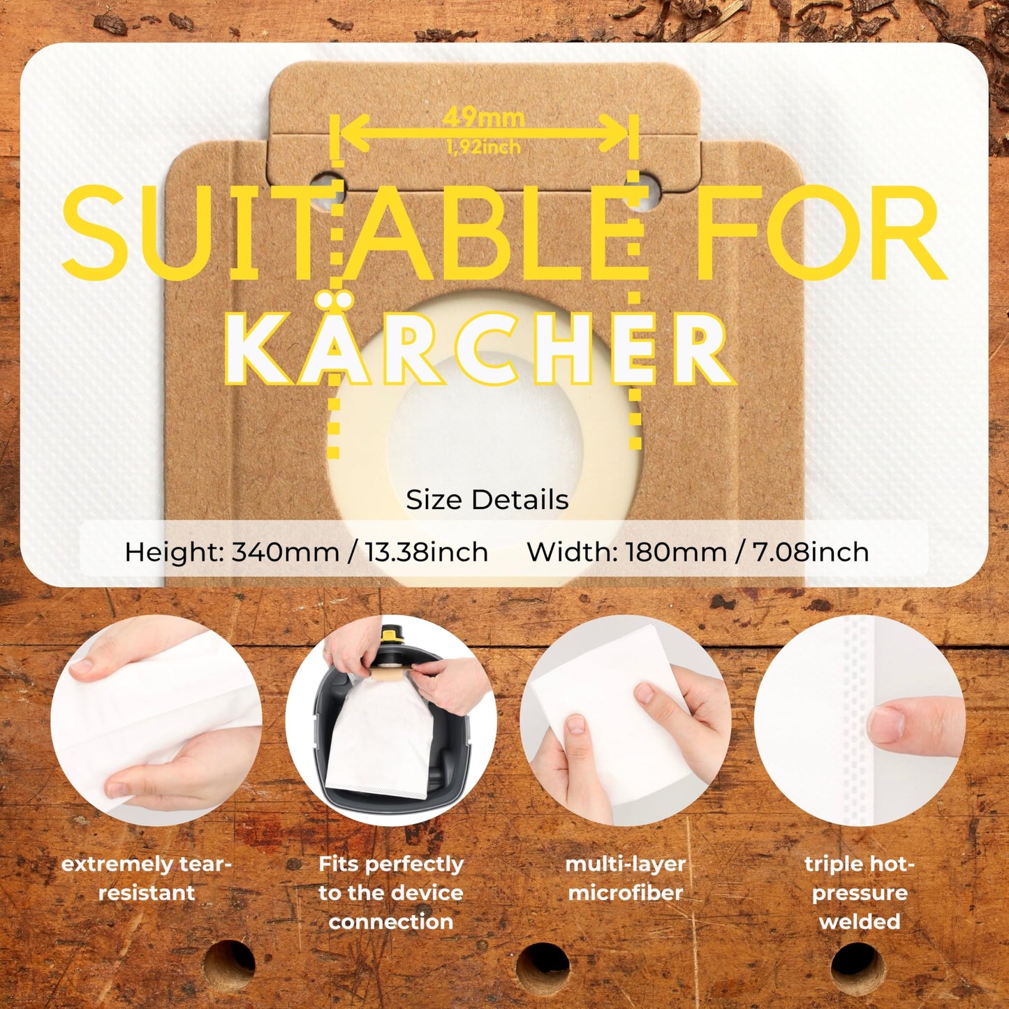 10 filter bags, vacuum cleaner bags for all Kärcher T 10/1 models, alternative to original no. 6.904-315.0 from Microsafe®