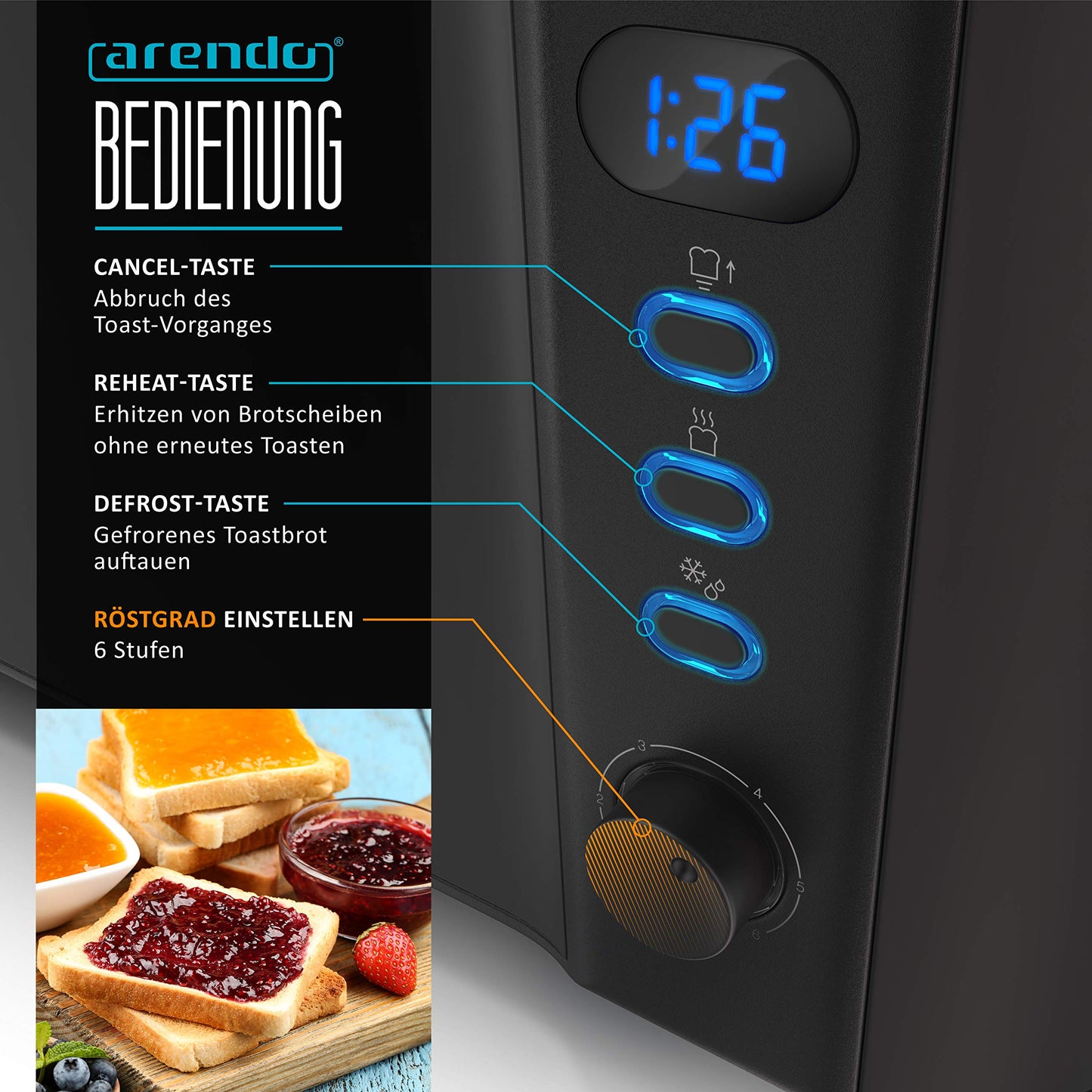 Arendo - Stainless Steel Long Slot 4 Slice Toaster - Defrost Function - heat-insulating housing - with integrated bun rack - crumb tray - display with remaining time indicator - Matt Black