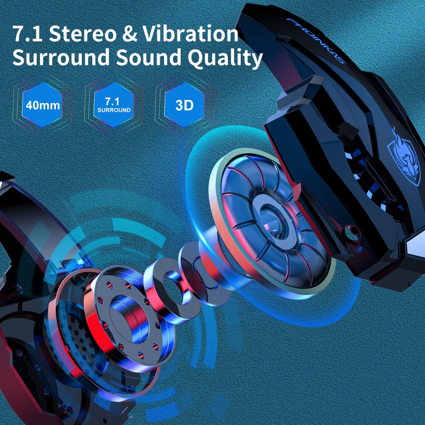 PHOINIKAS PS5 Wireless Headset, 2.4G Gaming Headphones for PC PS4 Switch Mac, Foldable Surround Sound Noise Cancelling Gamer Headset with microphone, Over 50 hours of battery life (Blue)