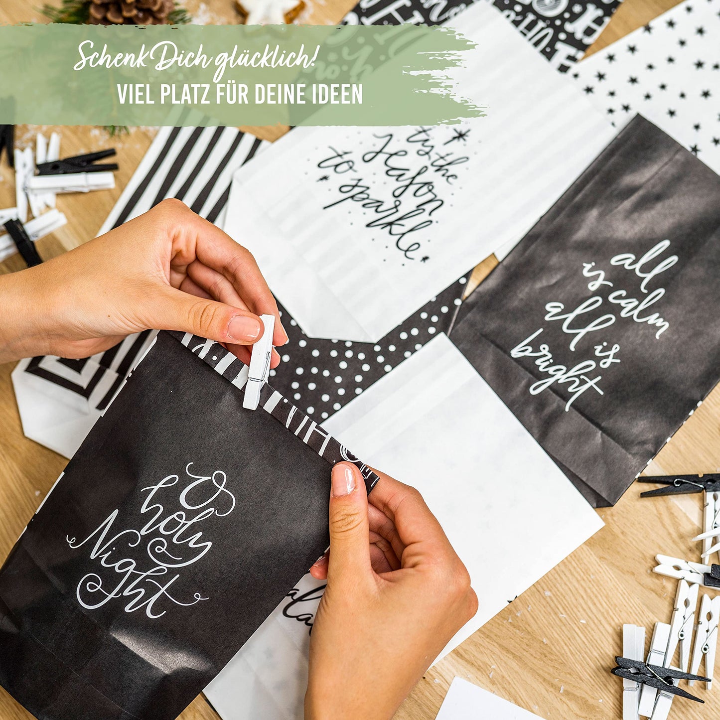 Paper Dragons Advent Calendar 2025 for filling - 24 black and white printed gift bags and 24 number stickers - Design Holy Night black & white - for crafting and gifting - Christmas