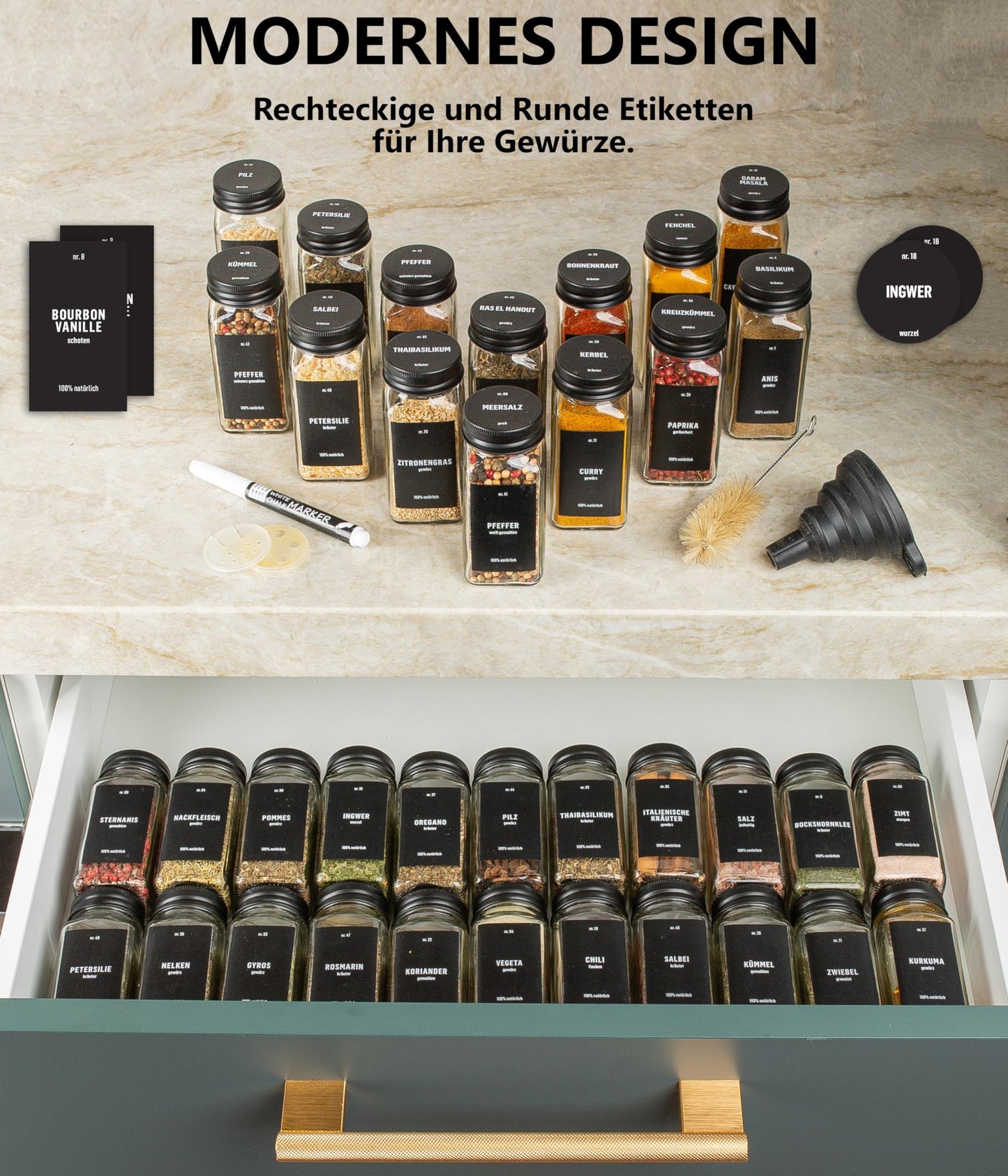 Deco house® Square Spice Jars with Spice Labels, 36-piece set with Shaker Inserts - Spice Jars Set Spice Containers Spice Storage - Spice Jars Spice Shakers Glass