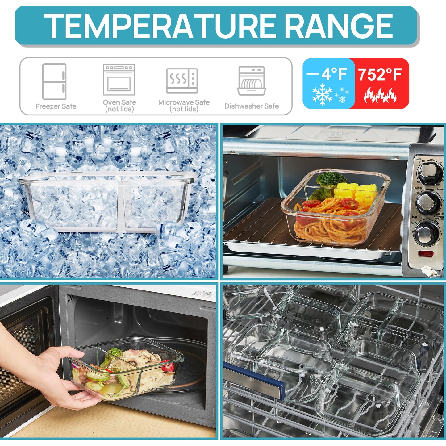 Vtopmart 5Pack 975ml Meal Prep Boxes, Glass Containers with Lid, Glass Food Storage Containers with Lid for Microwave, Oven, Freezer, and Dishwasher.