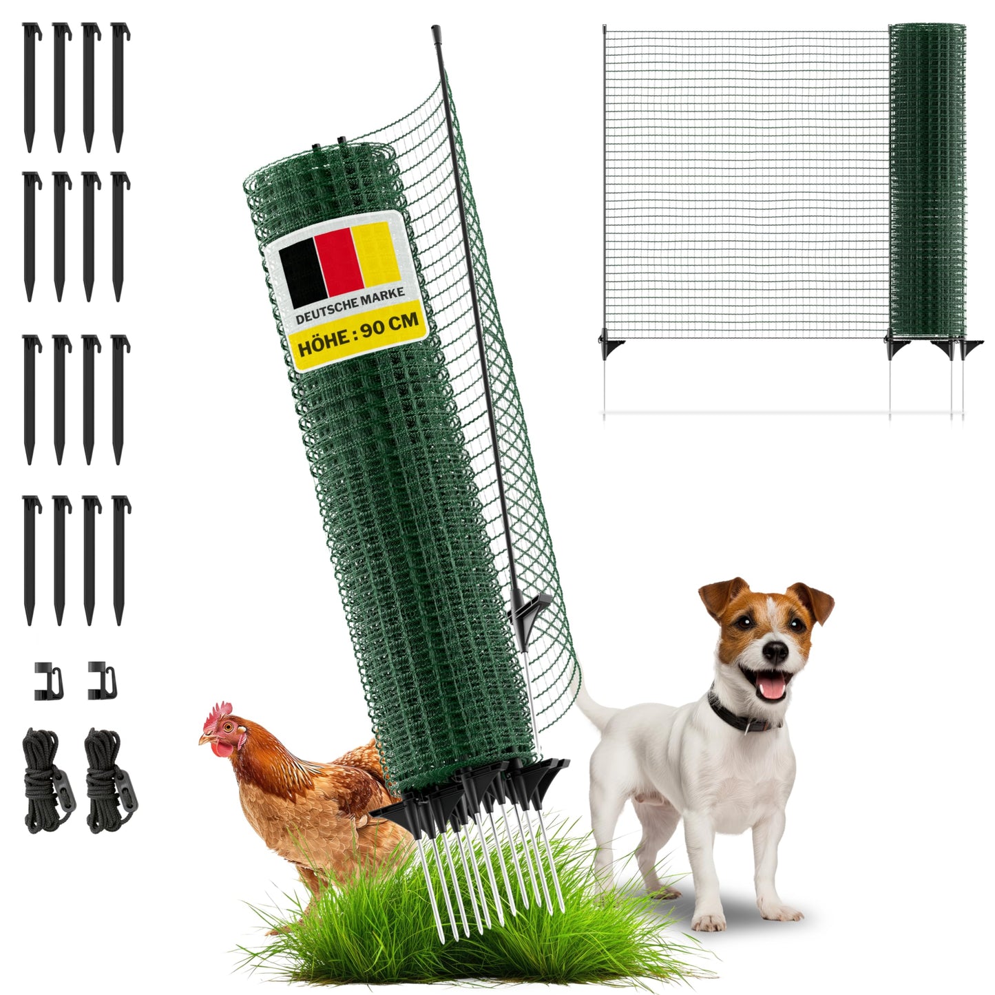 Fixed horizon boundary fence, mobile 15m long & 90cm high fence, close-knit, 9 poles, protection for garden beds, garden net, perfect for camping, dog fence, barrier fence, stake fence.