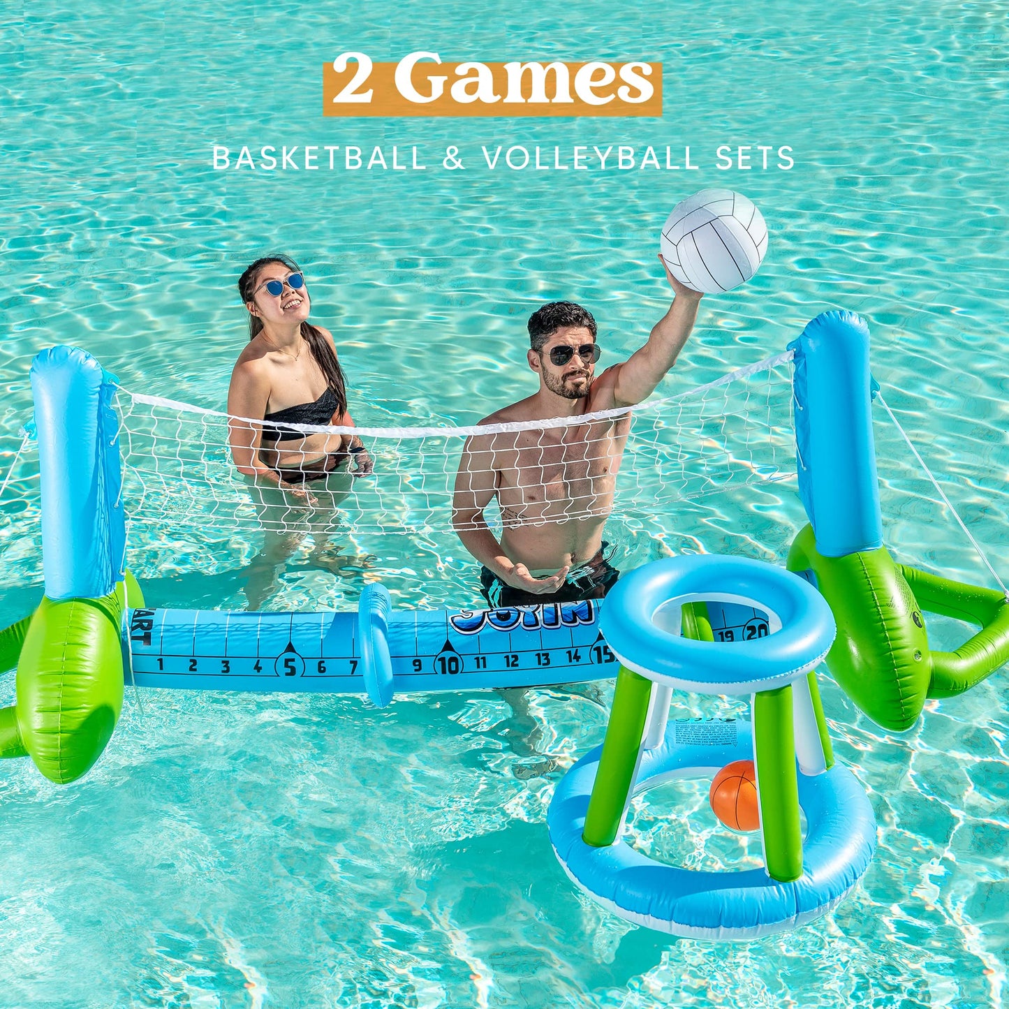 JOYIN Inflatable Pool Volleyball Set, Volleyball Basketball Hoops Pool Float Set, Floating Summer Floaties, Volleyball Pool Party Lounge Raft, Inflatable Party Swimming Game Toy.