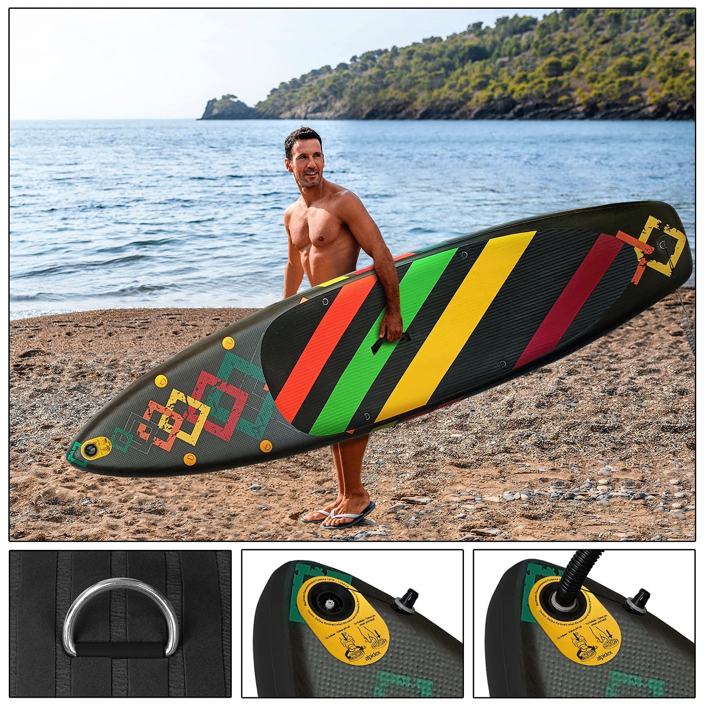 ALPIDEX Stand Up Paddle Set SUP 320 x 76 x 15 cm max. load capacity up to 200 kg Inflatable Stable Lightweight Complete Set Carrying Bag Paddle Fins Air Pump Leash Repair Kit, Color: Black