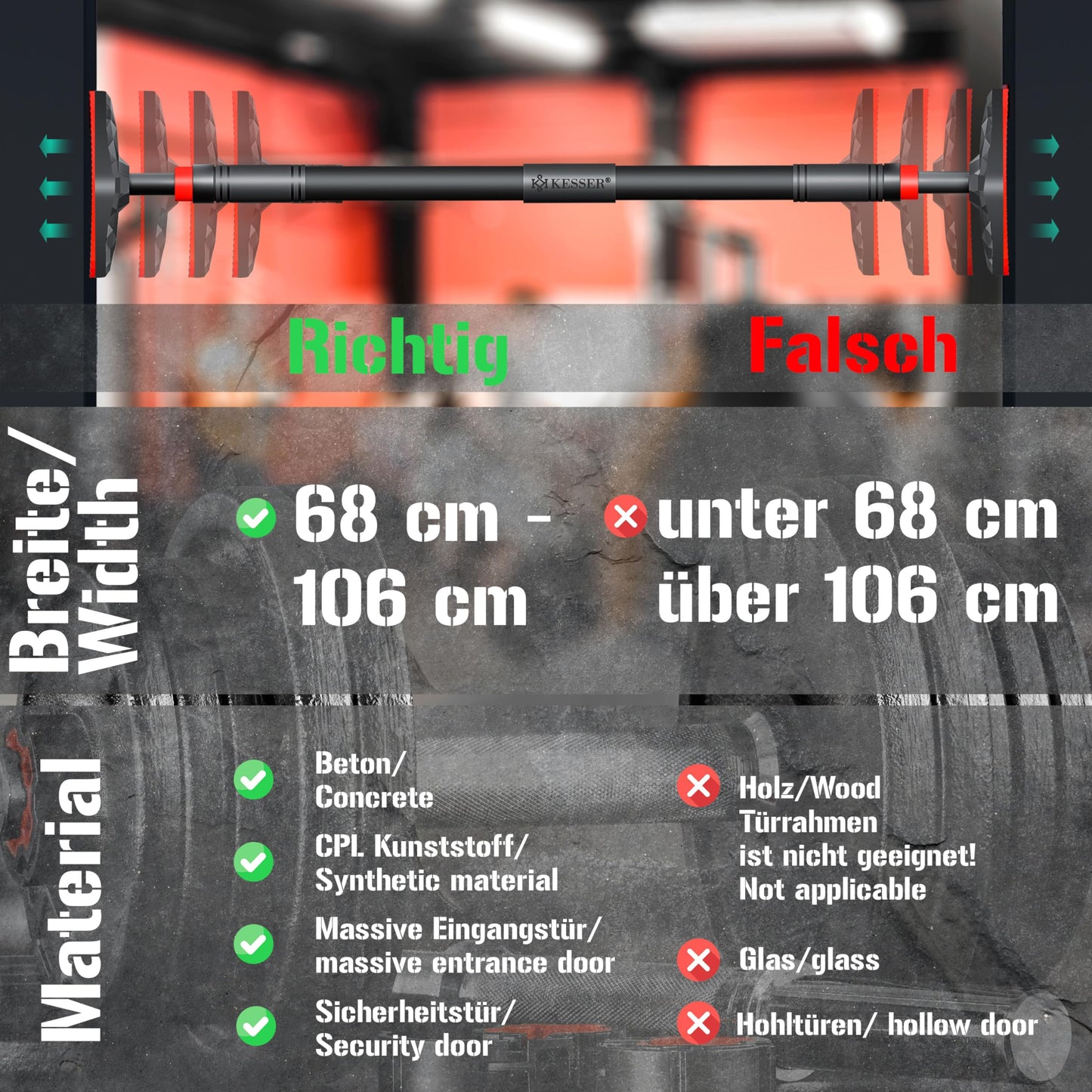 KESSER® Door Frame Pull Up Bar Adjustable, Pull Up Bar Home Gym, Bar without Screws/Drilling, 68-106 cm Extendable, Holds up to 300Kg & Non-slip Grips, includes Resistance Bands