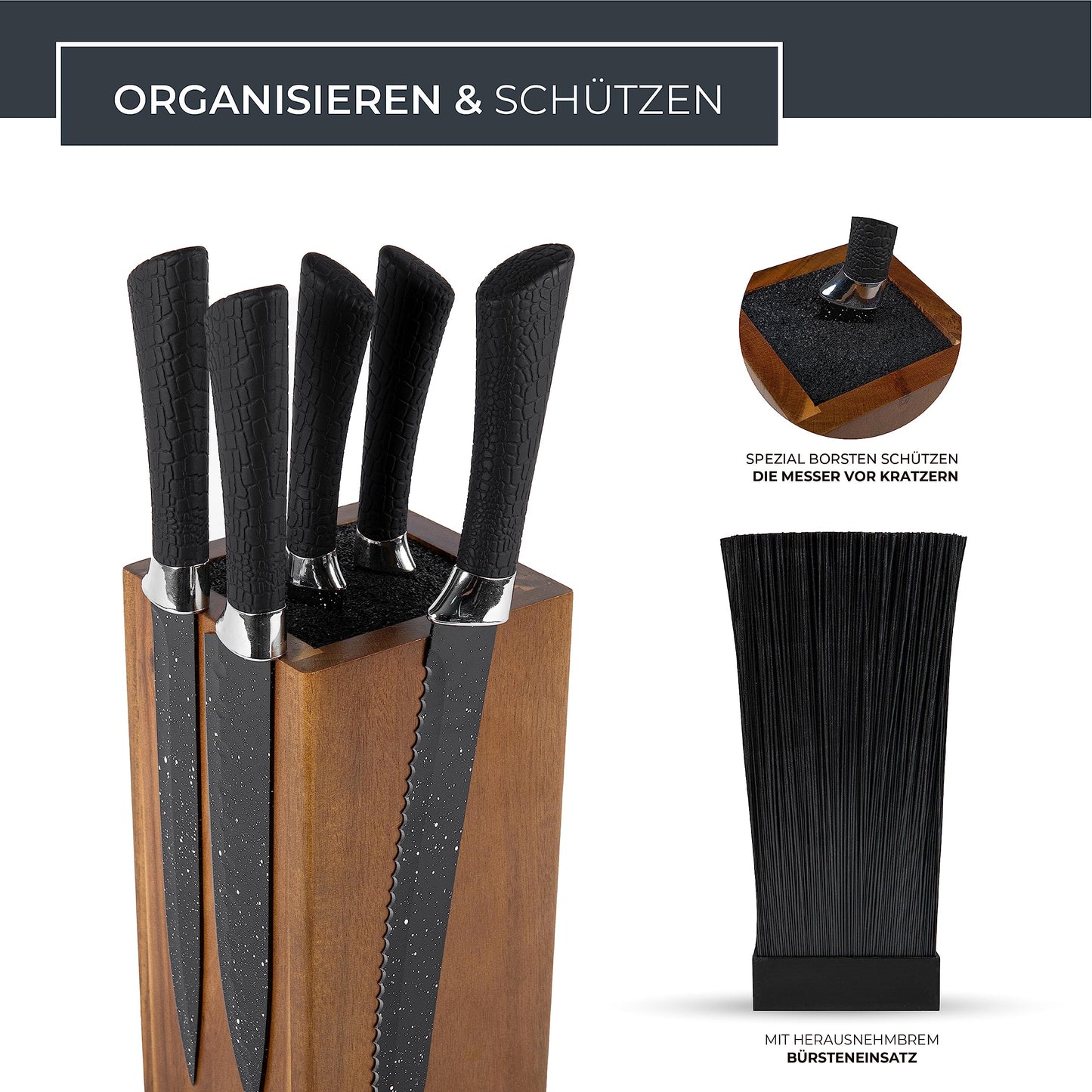 Successful NEW Acacia Knife Block, 360-degree Rotating with External Magnets & Removable Bristle Insert - Holds up to 20 knives | Secure Knife Storage Wooden Knife Block (knives not included)