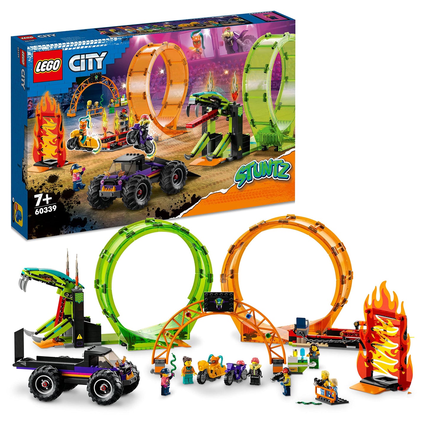 LEGO 60339 City Stuntz Stunt Show Double Loop Set, includes ramp, monster truck, 2 motorcycles, and 7 minifigures. Toy for kids ages 7 and up.