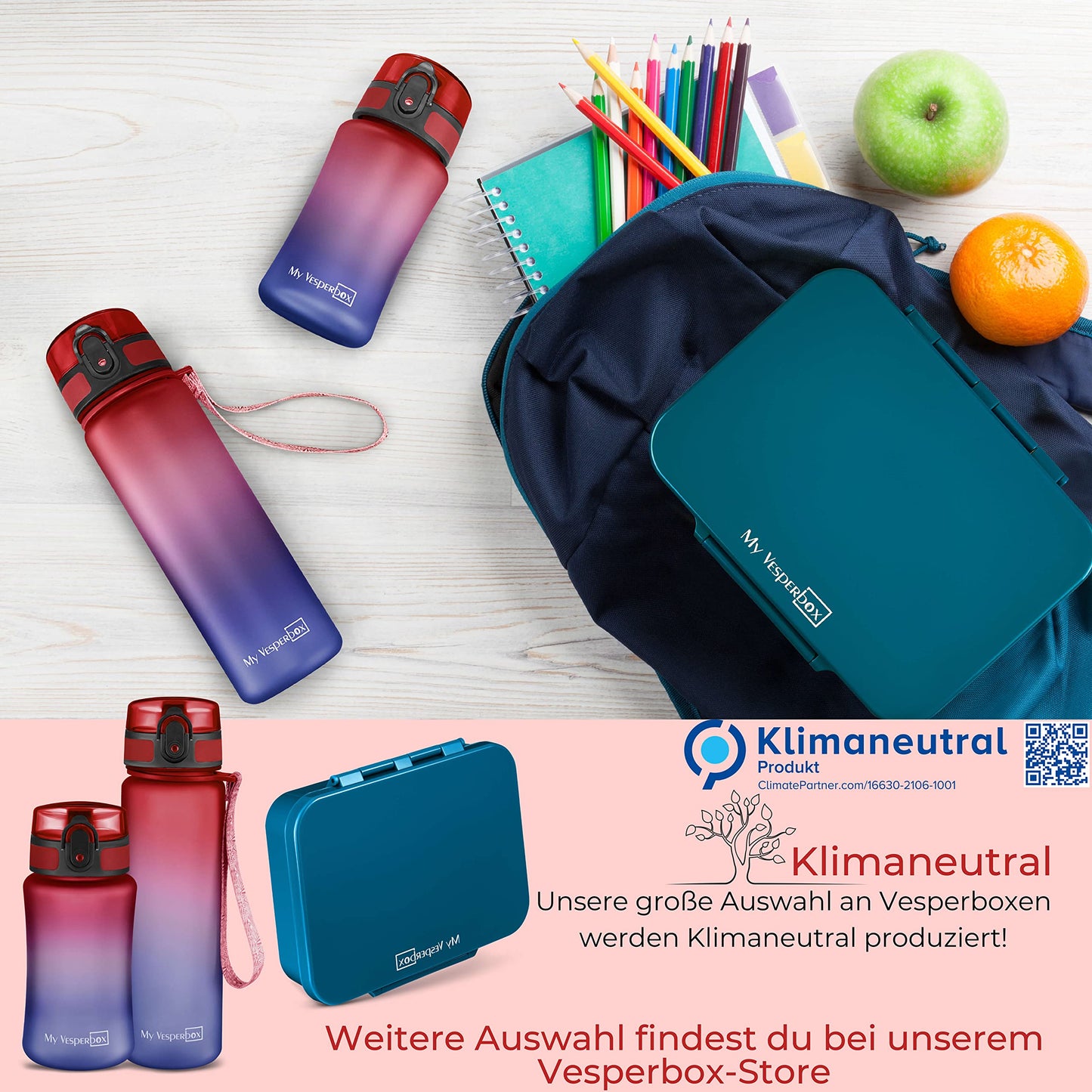 My Vesperbox Minny Kids Water Bottle 500ml - Leakproof & BPA-free - includes spare seal, cleaning brush, fruit infuser & optional straw - perfect for school, kindergarten & sports.