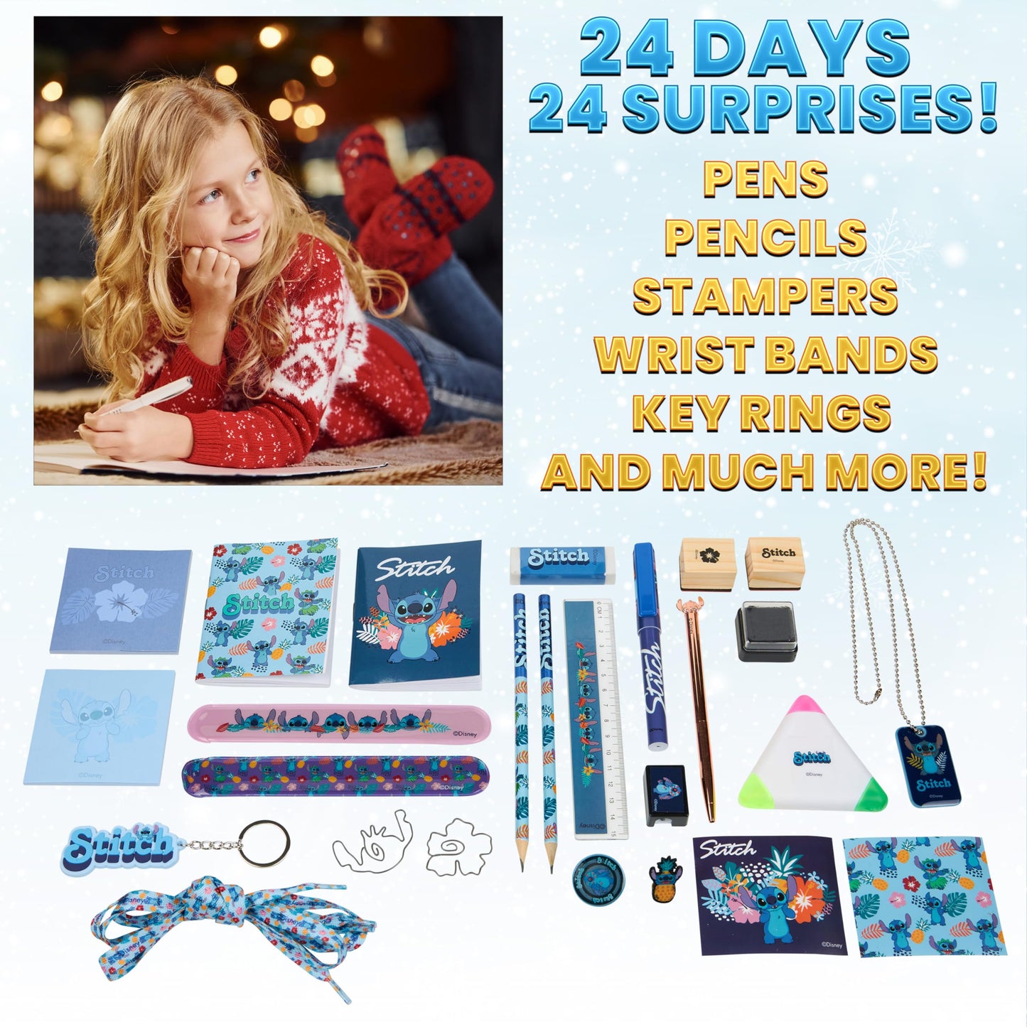 Disney Stitch Advent calendar 2025 for kids and teenagers. Christmas calendar with 24 surprises. Stationery or hair accessories for girls. Great gift idea! (Blue Stitch stationery)