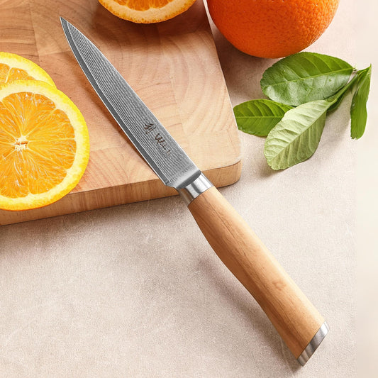 Wakoli Olive Damascus Knife Utility Knife | Kitchen knife with 12.5 cm blade of 67 layers of Damascus steel with VG10 core | Olive wood handle | for vegetables, meat & fruit | Vegetable knife in gift box