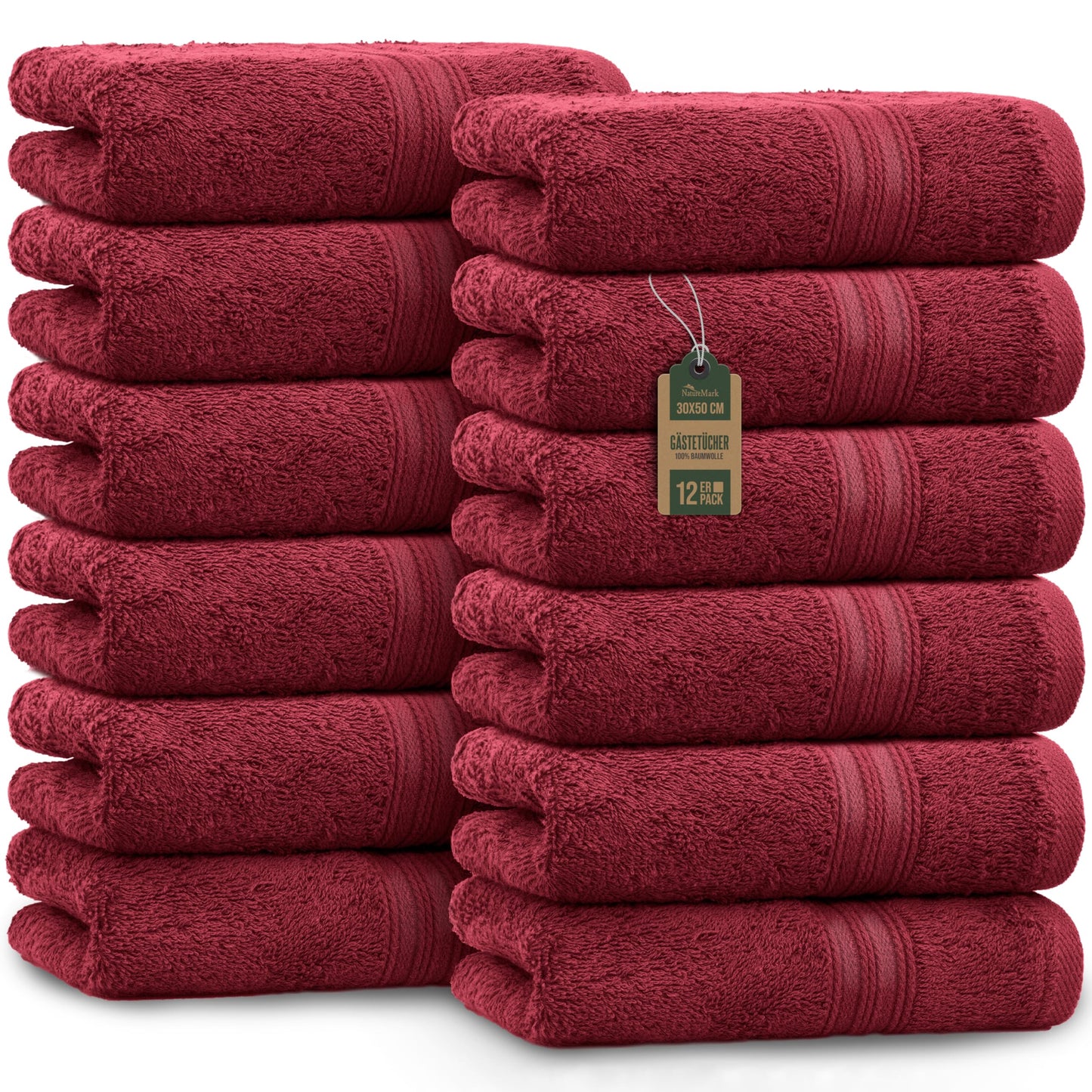 NatureMark guest towels - 12 pack (30x50 cm), 100% cotton, Oeko-Tex certified, soft, absorbent, and easy to care for - for bathroom, guests & spa - Bordeaux Red