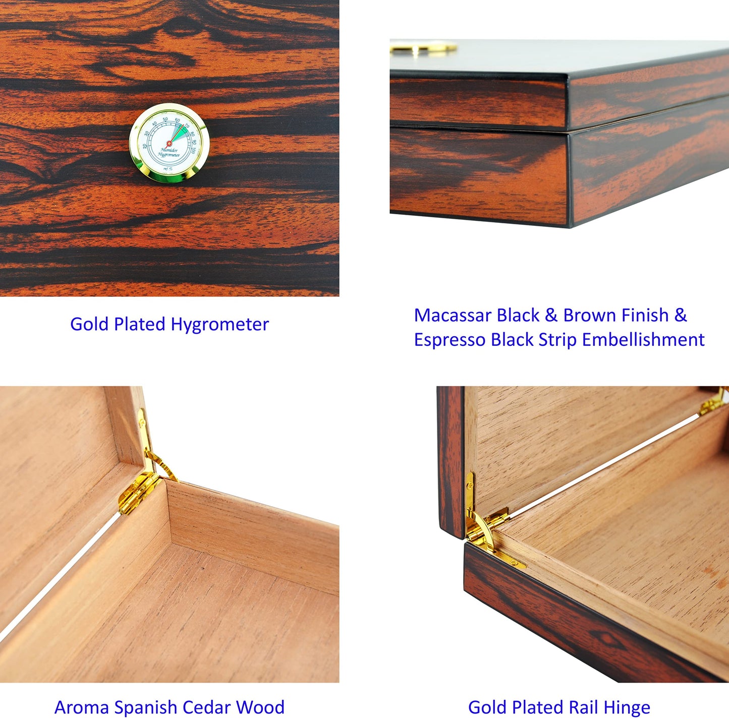 Eitida Cigar Humidor for 20 cigars, handcrafted with tempered glass and cedar wood. Includes humidifier, hygrometer, airtight seal, and glass lid. Perfect gift for men. Color: Makassar Brown.