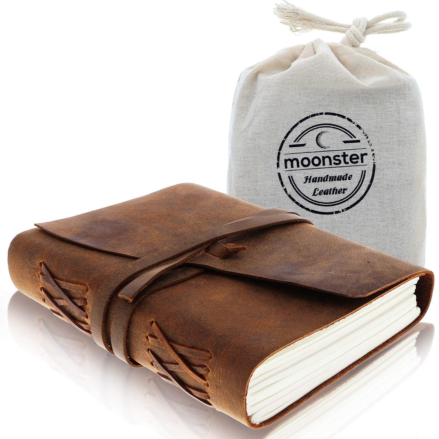 Moonster Leather Notebook Journal - Antique leather bound notebook for writing - Blank Paper 20x15cm - great for art, as a sketchbook, or travel journal