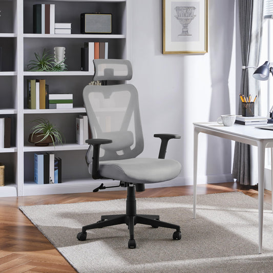 Yaheetech Office Chair Ergonomic, Desk Chair with Adjustable Headrest, Armrests, Lumbar Support, Lockable Height-adjustable Swivel Chair with 90°-130° Reclining Function Light Gray
